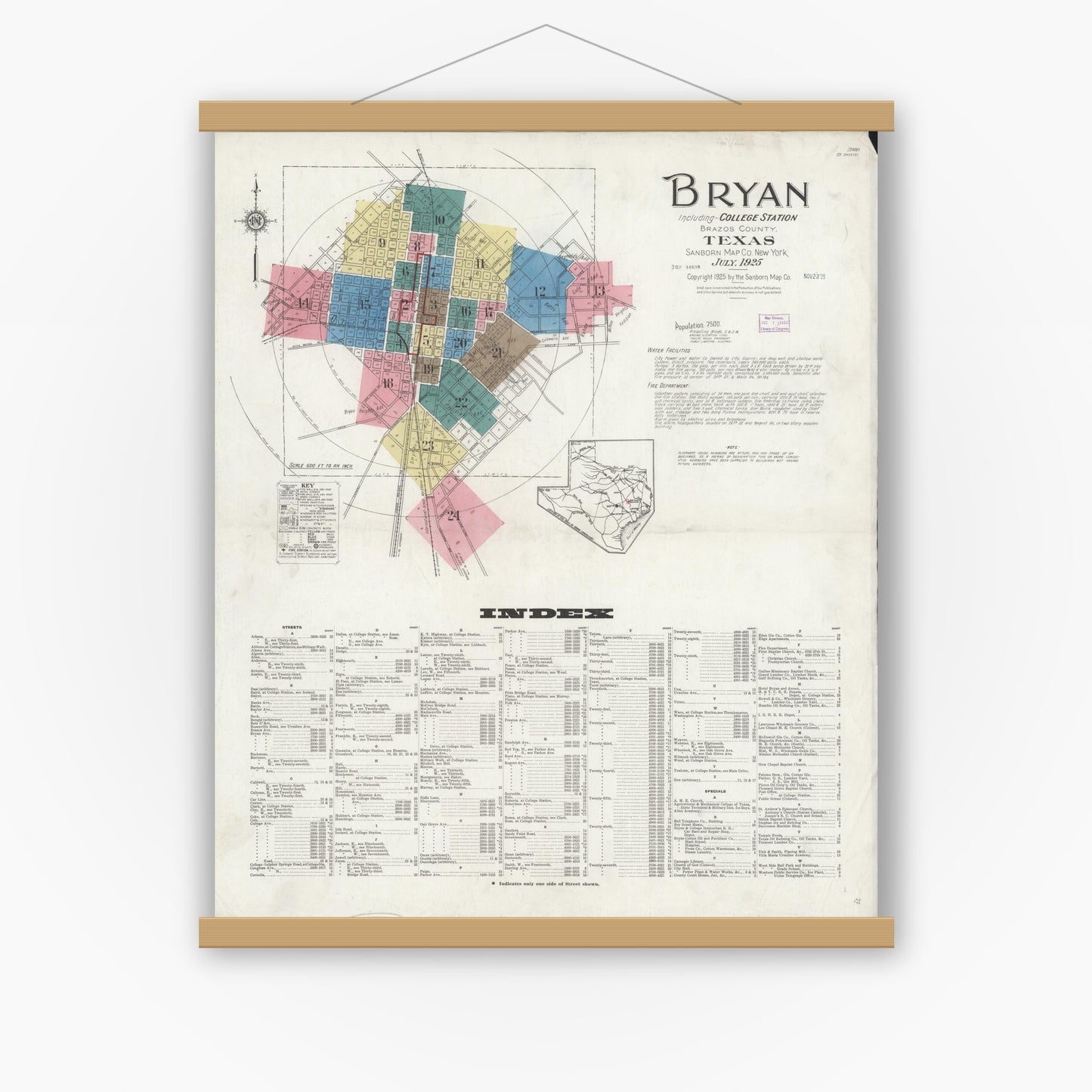 Old map wall art mockup — magnetic wood frame on white wall — Sanborn Fire Insurance Map from Bryan, Brazos County, Texas (1925), Sheet #0001