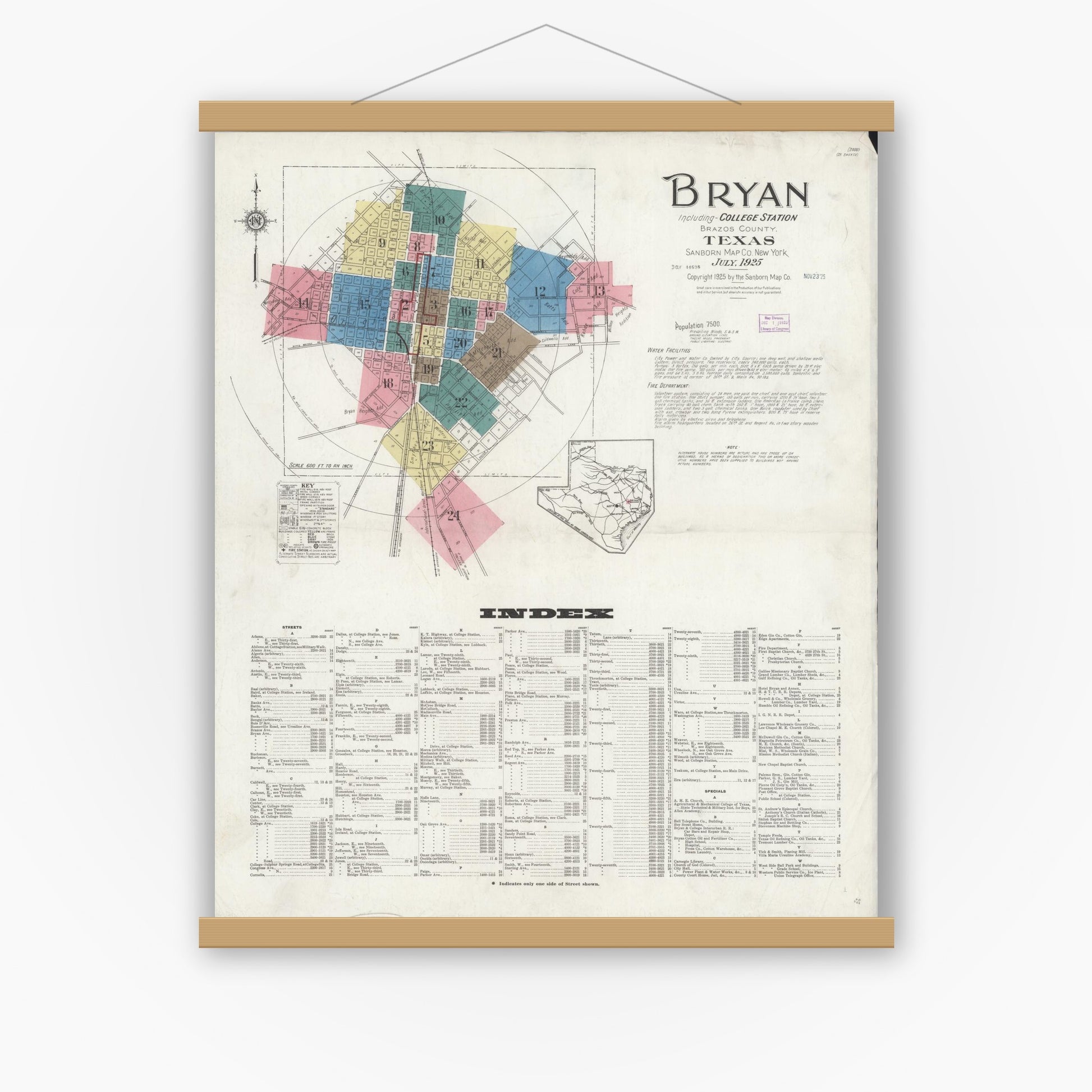 Old map wall art mockup — magnetic wood frame on white wall — Sanborn Fire Insurance Map from Bryan, Brazos County, Texas (1925), Sheet #0001