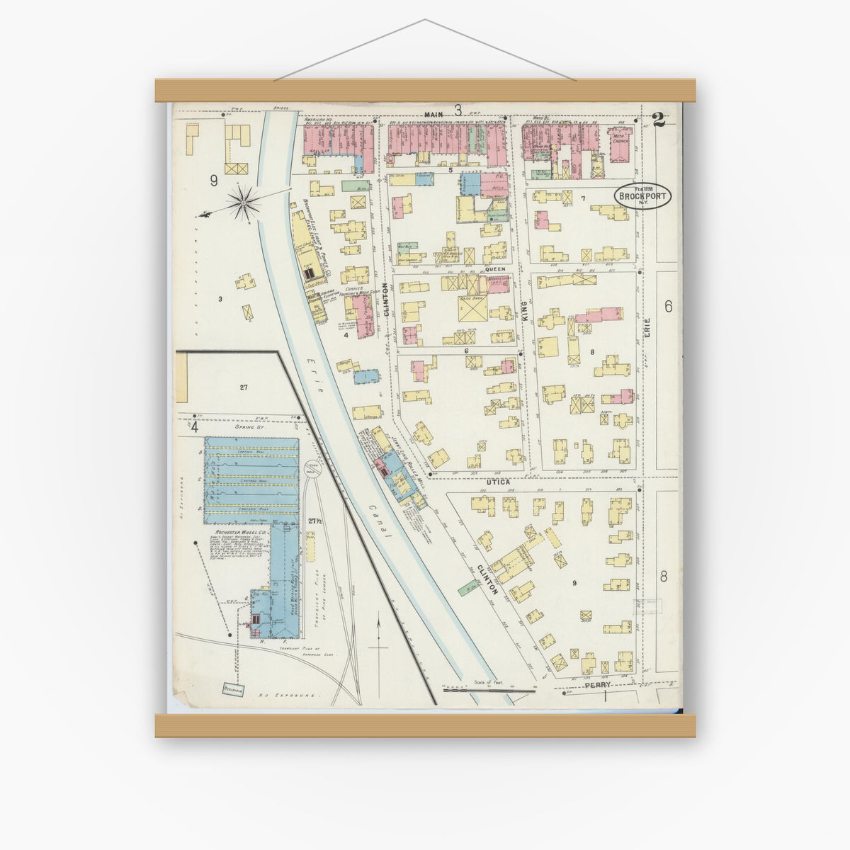 Old map wall art mockup — magnetic wood frame on white wall — Sanborn Fire Insurance Map from Brockport, Monroe County, New York (1898), Sheet #0002