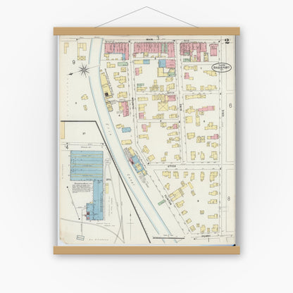 Old map wall art mockup — magnetic wood frame on white wall — Sanborn Fire Insurance Map from Brockport, Monroe County, New York (1898), Sheet #0002