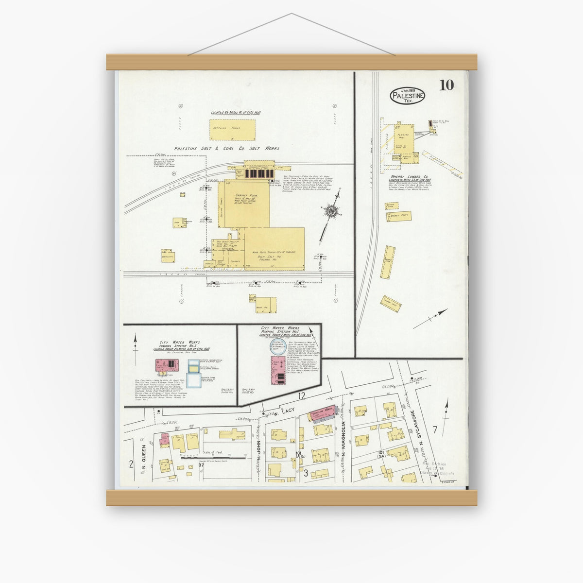 Old map wall art mockup — magnetic wood frame on white wall — Sanborn Fire Insurance Map from Palestine, Anderson County, Texas (1919), Sheet #0010