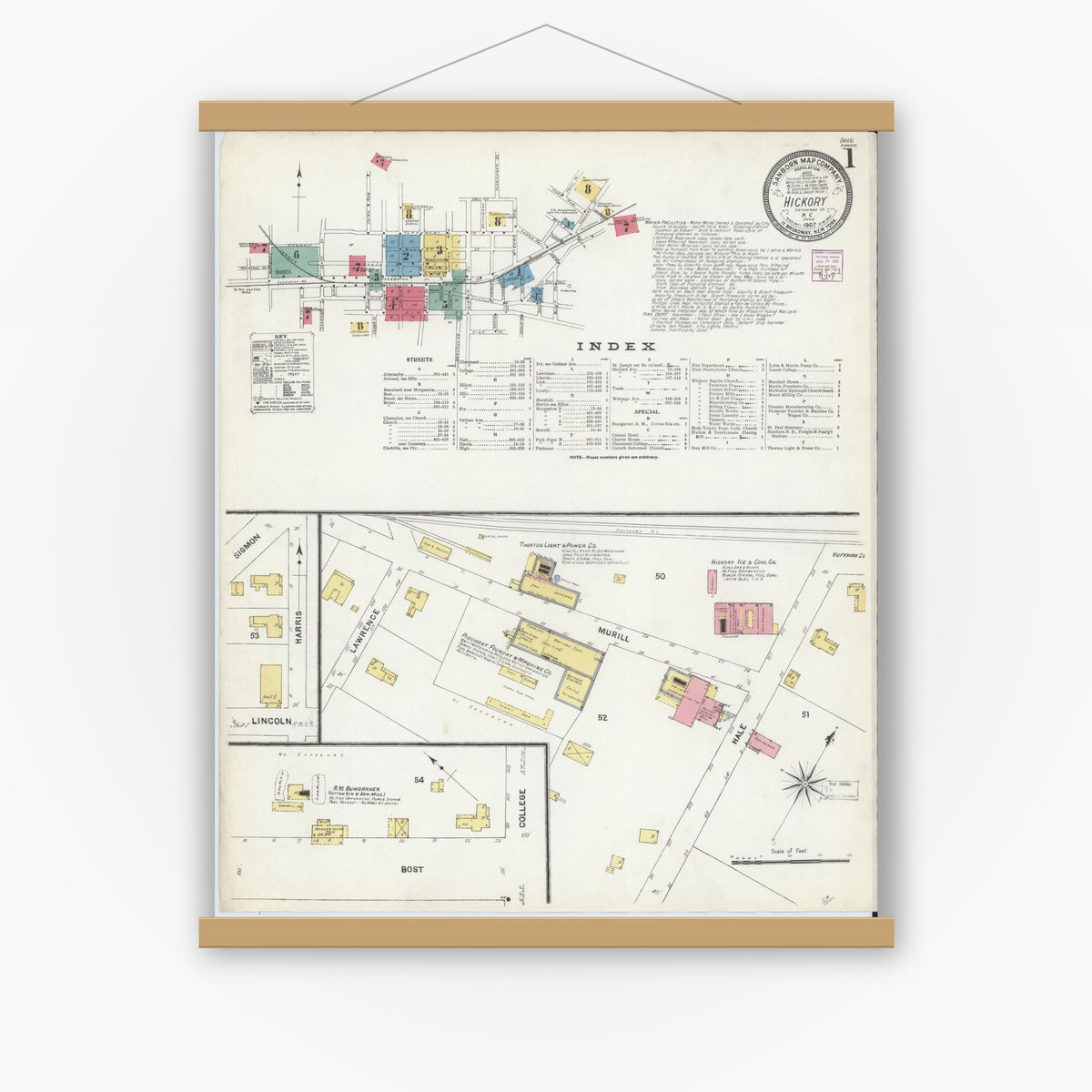 Old map wall art mockup — magnetic wood frame on white wall — Sanborn Fire Insurance Map from Hickory, Catawba County, North Carolina (1907), Sheet #0001