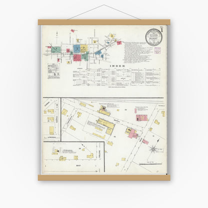 Old map wall art mockup — magnetic wood frame on white wall — Sanborn Fire Insurance Map from Hickory, Catawba County, North Carolina (1907), Sheet #0001