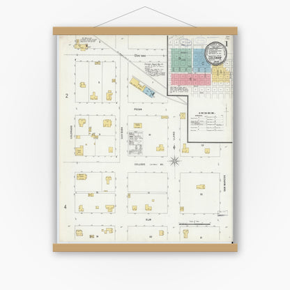 Old map wall art mockup — magnetic wood frame on white wall — Sanborn Fire Insurance Map from Coleman, Coleman County, Texas (1898), Sheet #0001