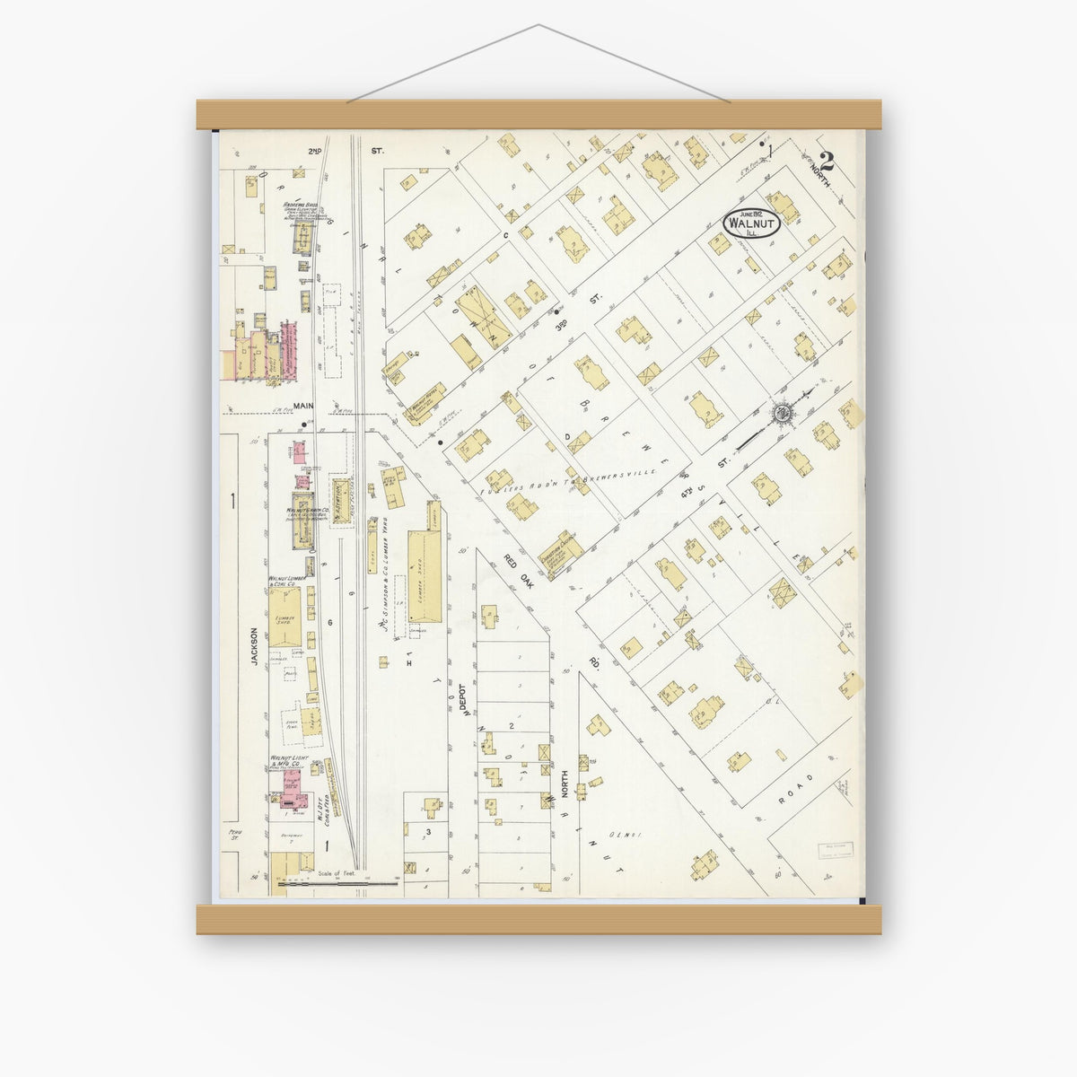 Old map wall art mockup — magnetic wood frame on white wall — Sanborn Fire Insurance Map from Walnut, Bureau County, Illinois (1912), Sheet #0002