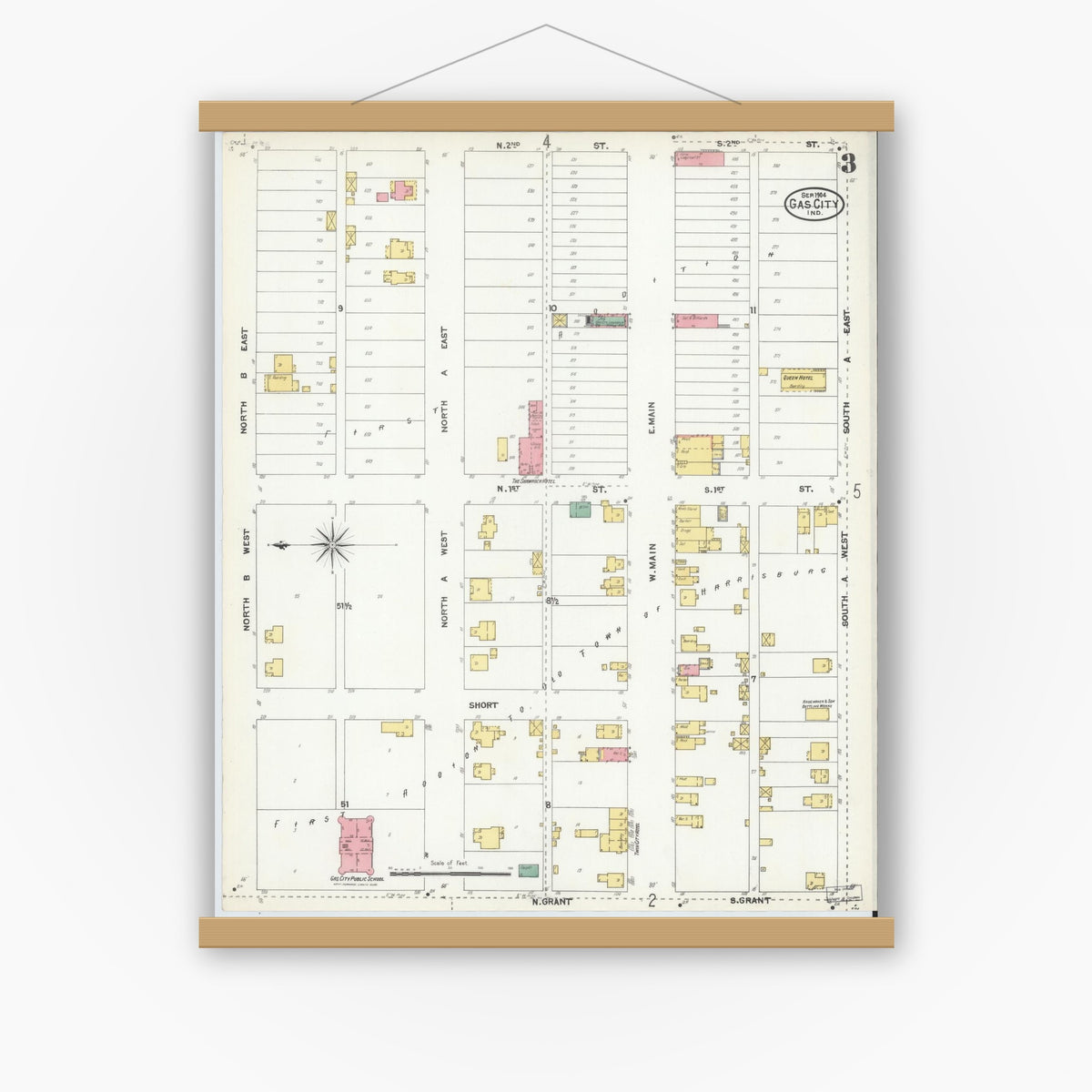 Old map wall art mockup — magnetic wood frame on white wall — Sanborn Fire Insurance Map from Gas City, Grant County, Indiana (1904), Sheet #0003