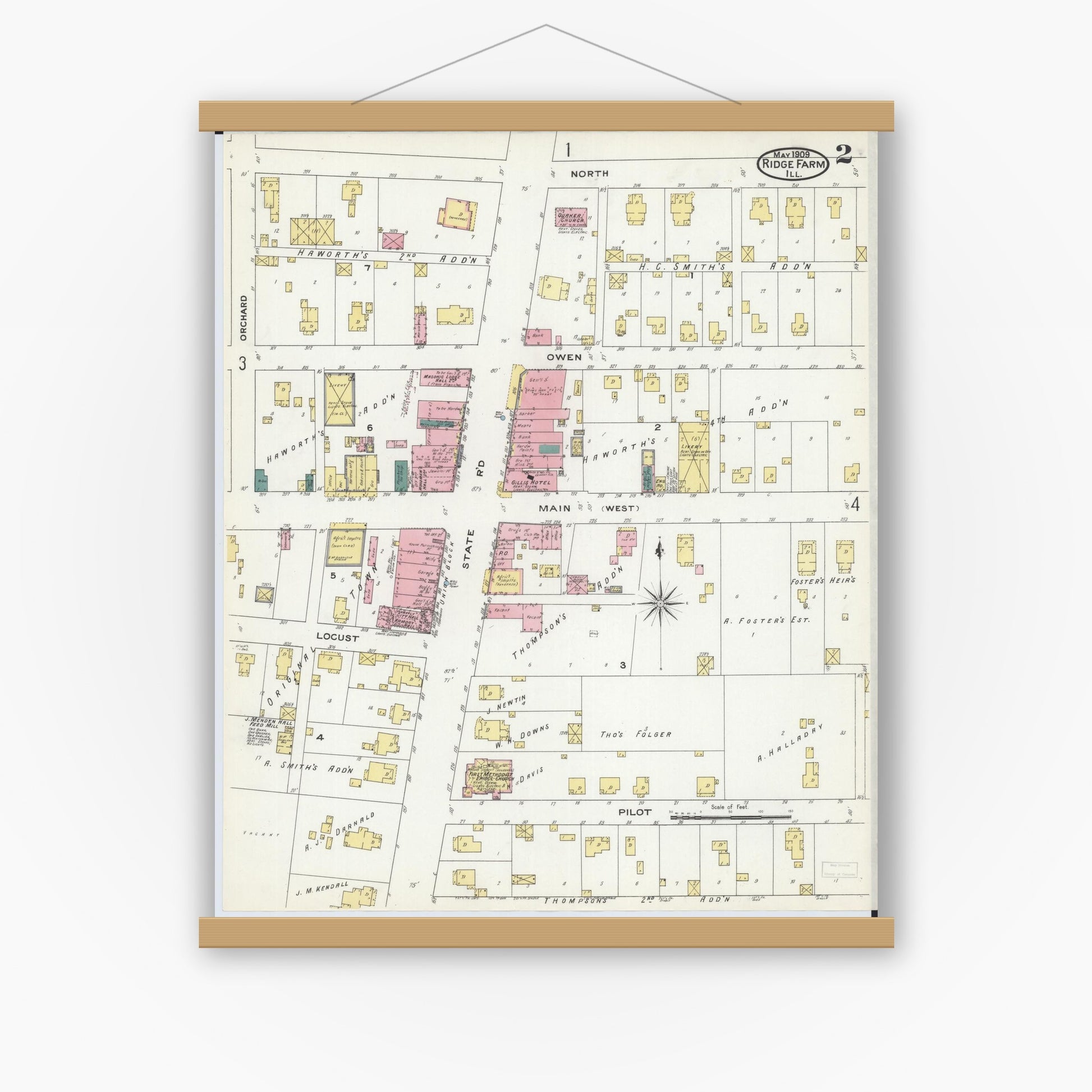 Old map wall art mockup — magnetic wood frame on white wall — Sanborn Fire Insurance Map from Ridge Farm, Vermilion County, Illinois (1909), Sheet #0002