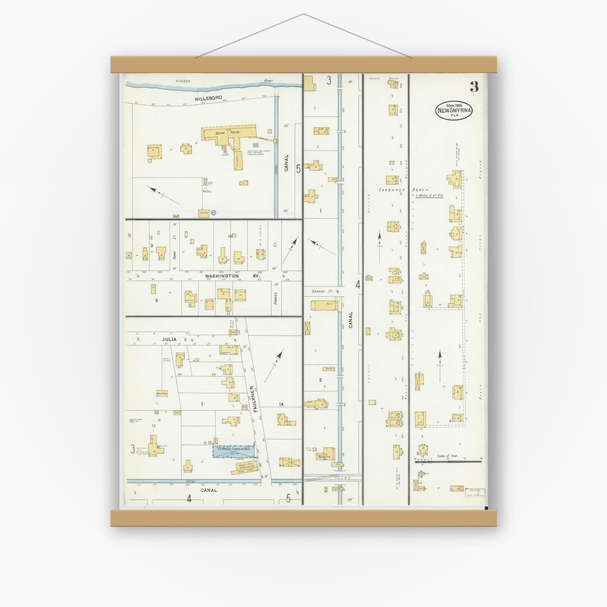 Old map wall art mockup — magnetic wood frame on white wall — Sanborn Fire Insurance Map from New Smyrna, Valusia County, Florida (1906), Sheet #0003