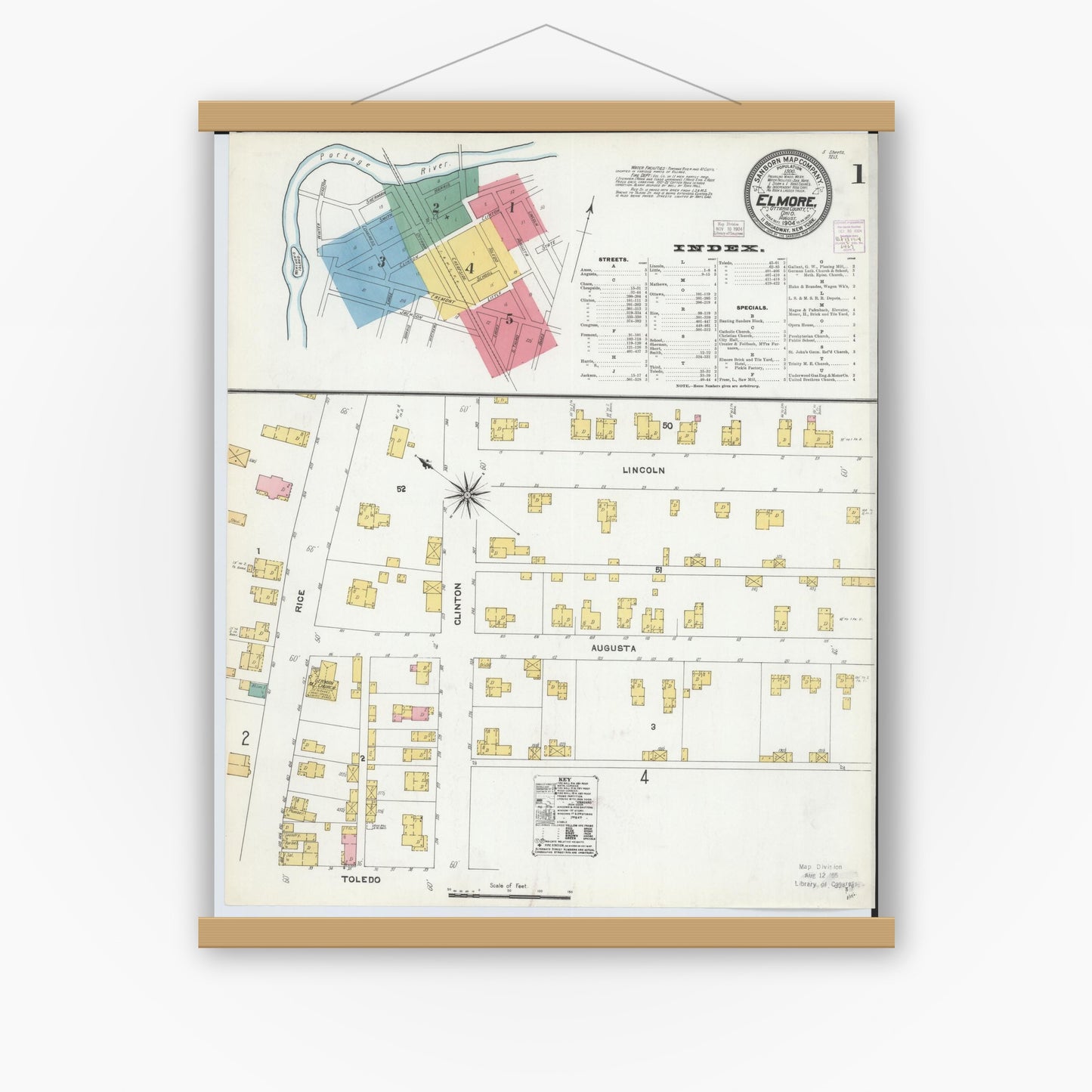 Old map wall art mockup — magnetic wood frame on white wall — Sanborn Fire Insurance Map from Elmore, Ottawa County, Ohio (1904) - Complete Map Set