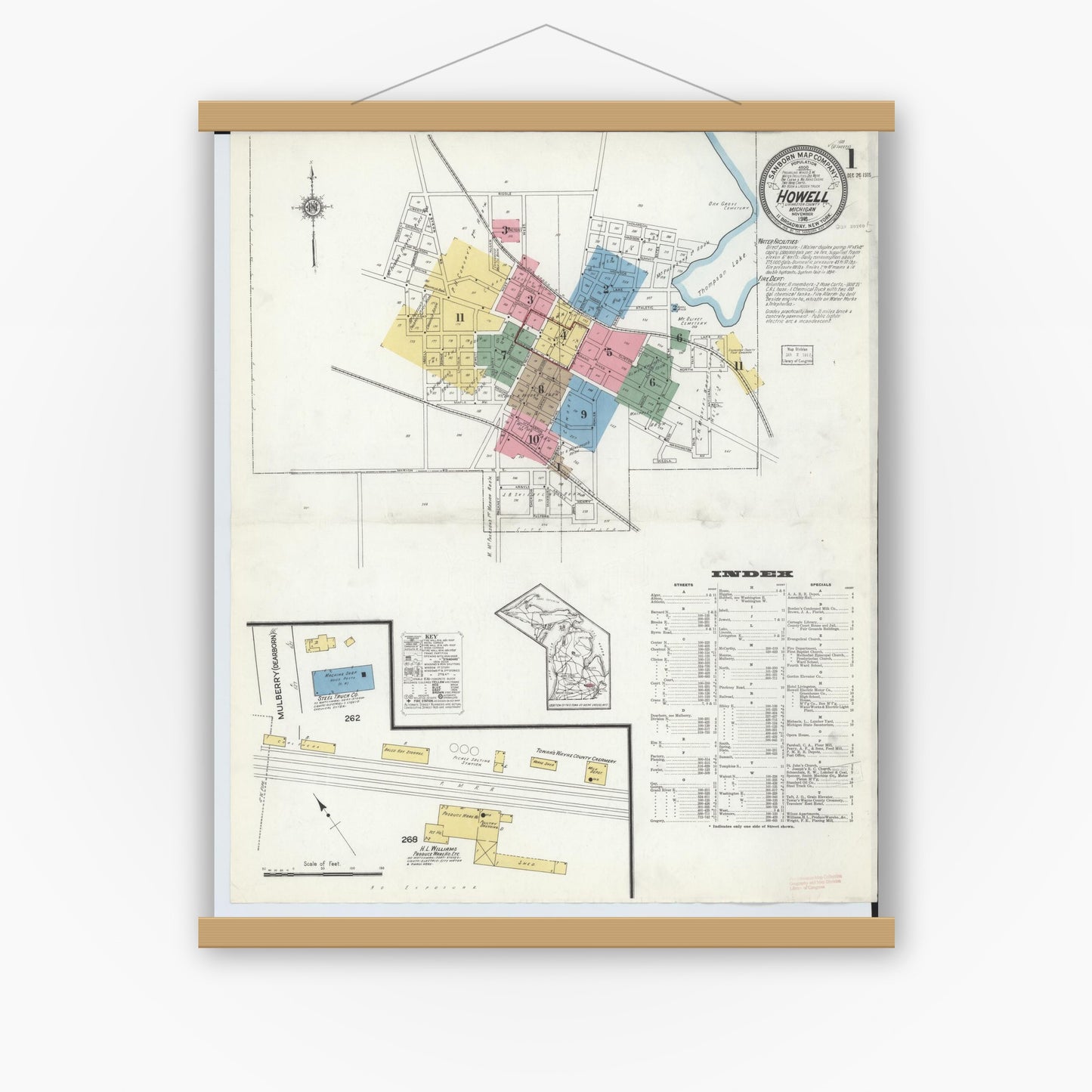 Old map wall art mockup — magnetic wood frame on white wall — Sanborn Fire Insurance Map from Howell, Livingston County, Michigan (1916) - Complete Map Set