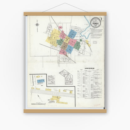 Old map wall art mockup — magnetic wood frame on white wall — Sanborn Fire Insurance Map from Howell, Livingston County, Michigan (1916) - Complete Map Set