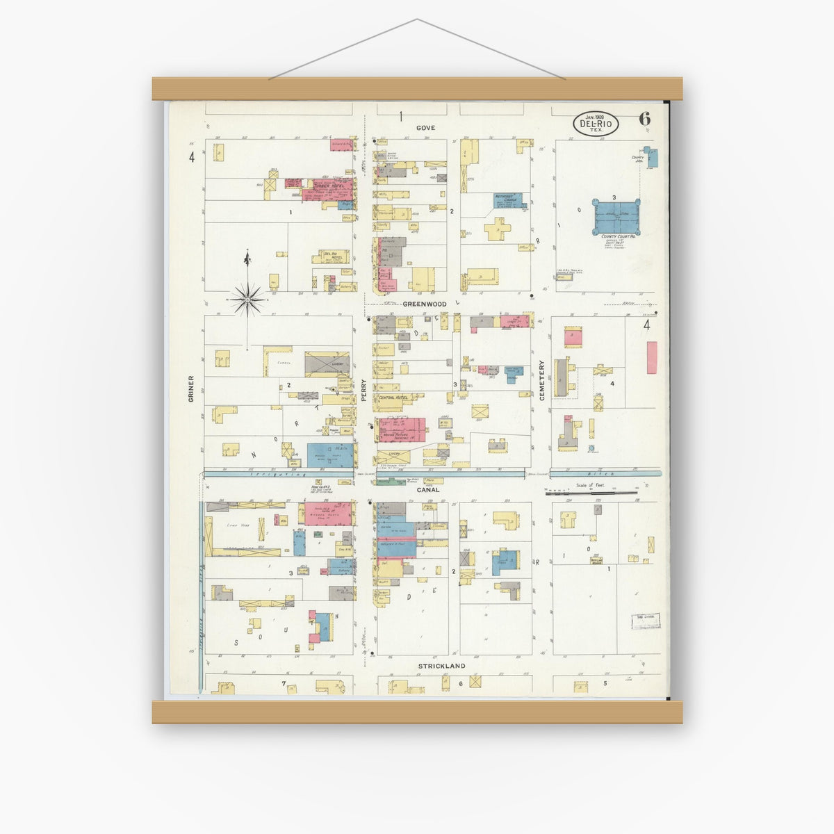 Old map wall art mockup — magnetic wood frame on white wall — Sanborn Fire Insurance Map from Del Rio, Val Verde County, Texas (1909), Sheet #0006