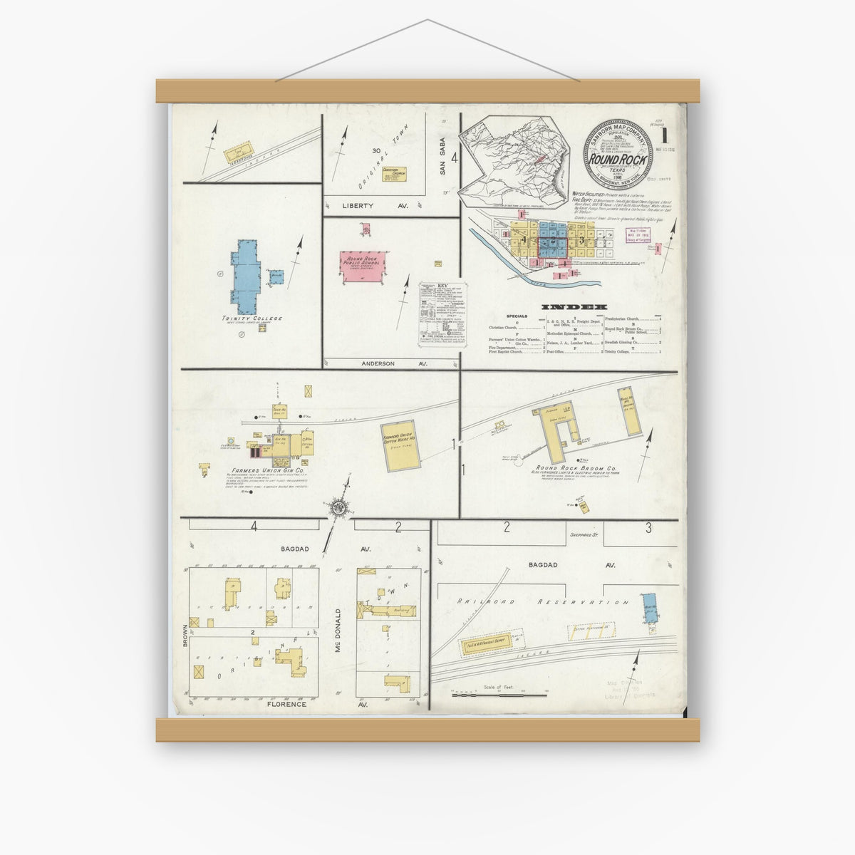 Old map wall art mockup — magnetic wood frame on white wall — Sanborn Fire Insurance Map from Round Rock, Williamson County, Texas (1916) - Complete Map Set