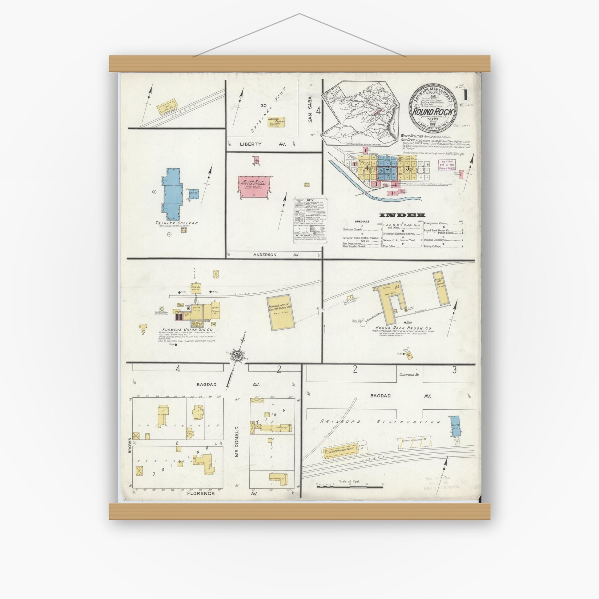 Old map wall art mockup — magnetic wood frame on white wall — Sanborn Fire Insurance Map from Round Rock, Williamson County, Texas (1916) - Complete Map Set
