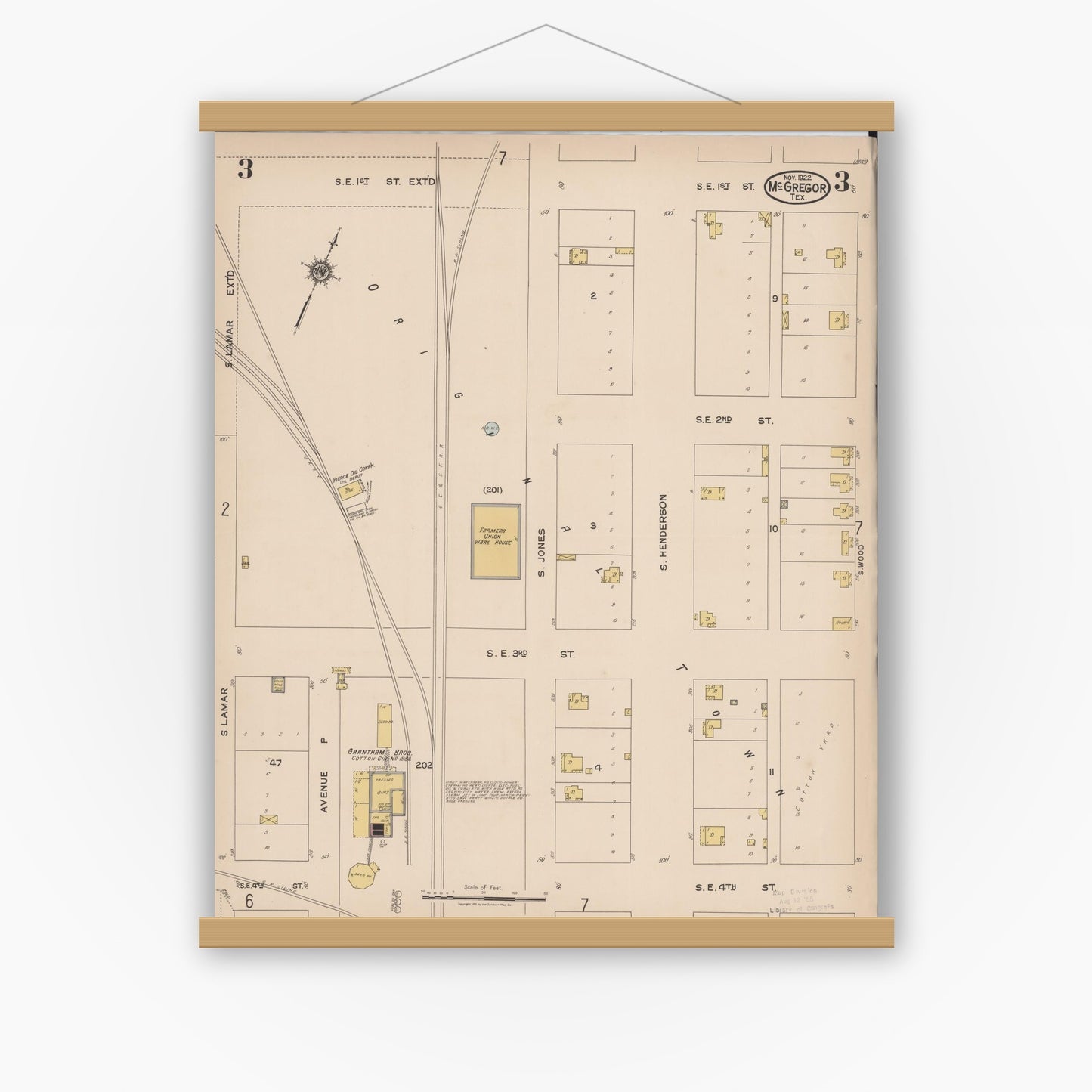 Old map wall art mockup — magnetic wood frame on white wall — Sanborn Fire Insurance Map from McGregor, McLennan County, Texas (1922), Sheet #0003