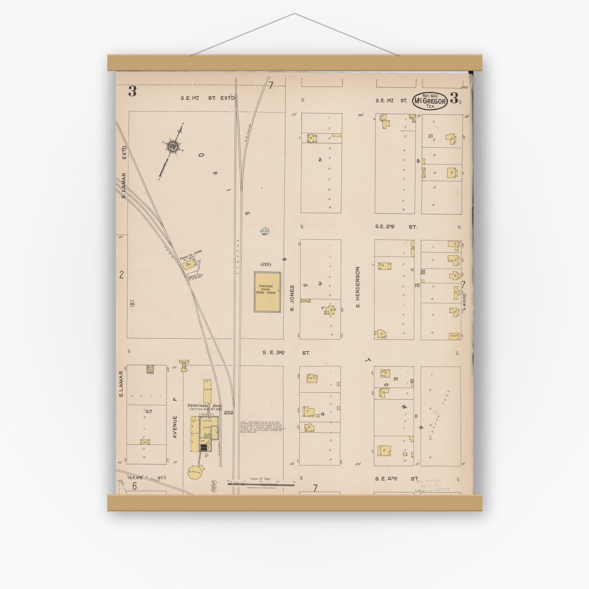 Old map wall art mockup — magnetic wood frame on white wall — Sanborn Fire Insurance Map from McGregor, McLennan County, Texas (1922), Sheet #0003