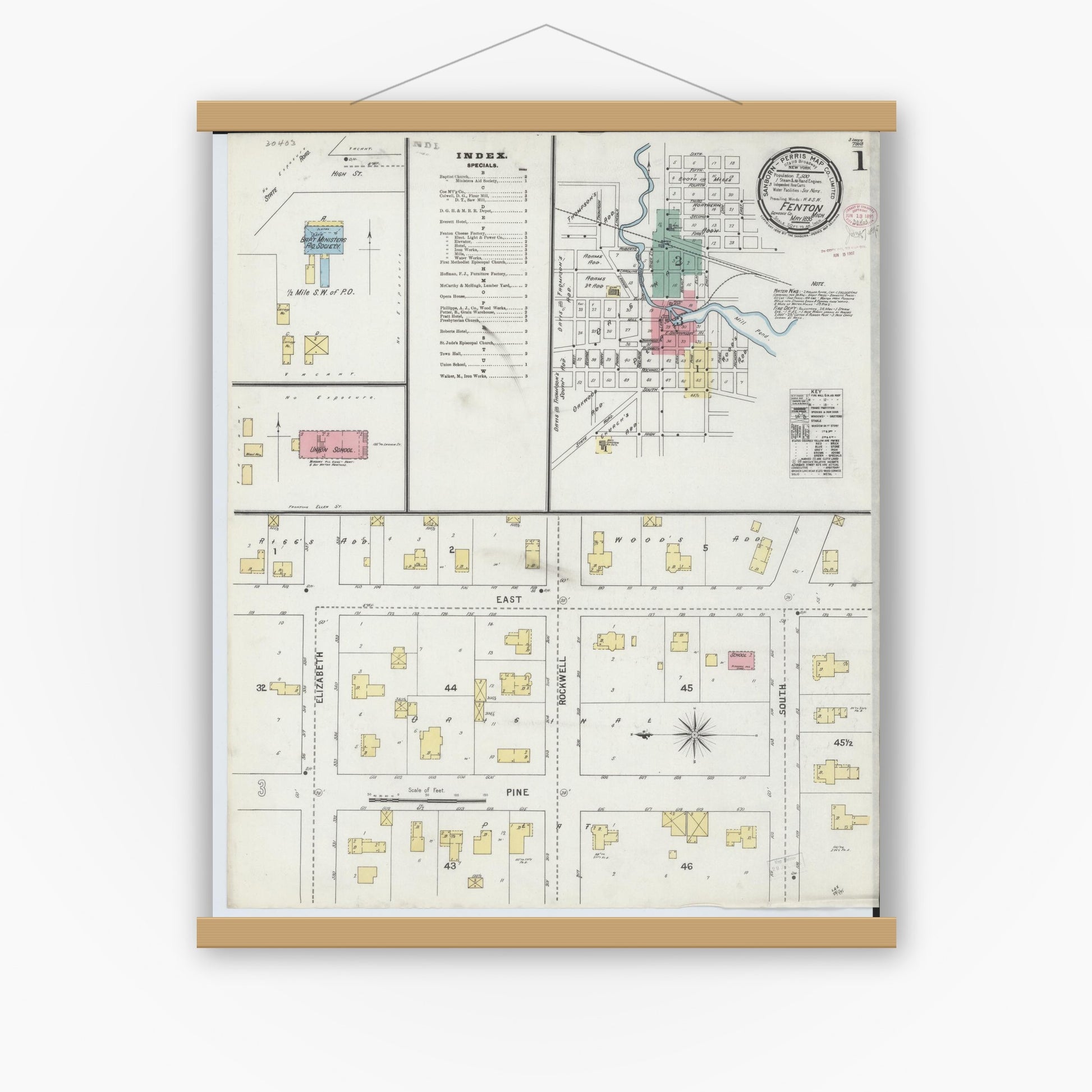Old map wall art mockup — magnetic wood frame on white wall — Sanborn Fire Insurance Map from Fenton, Genesee County, Michigan (1895), Sheet #0001