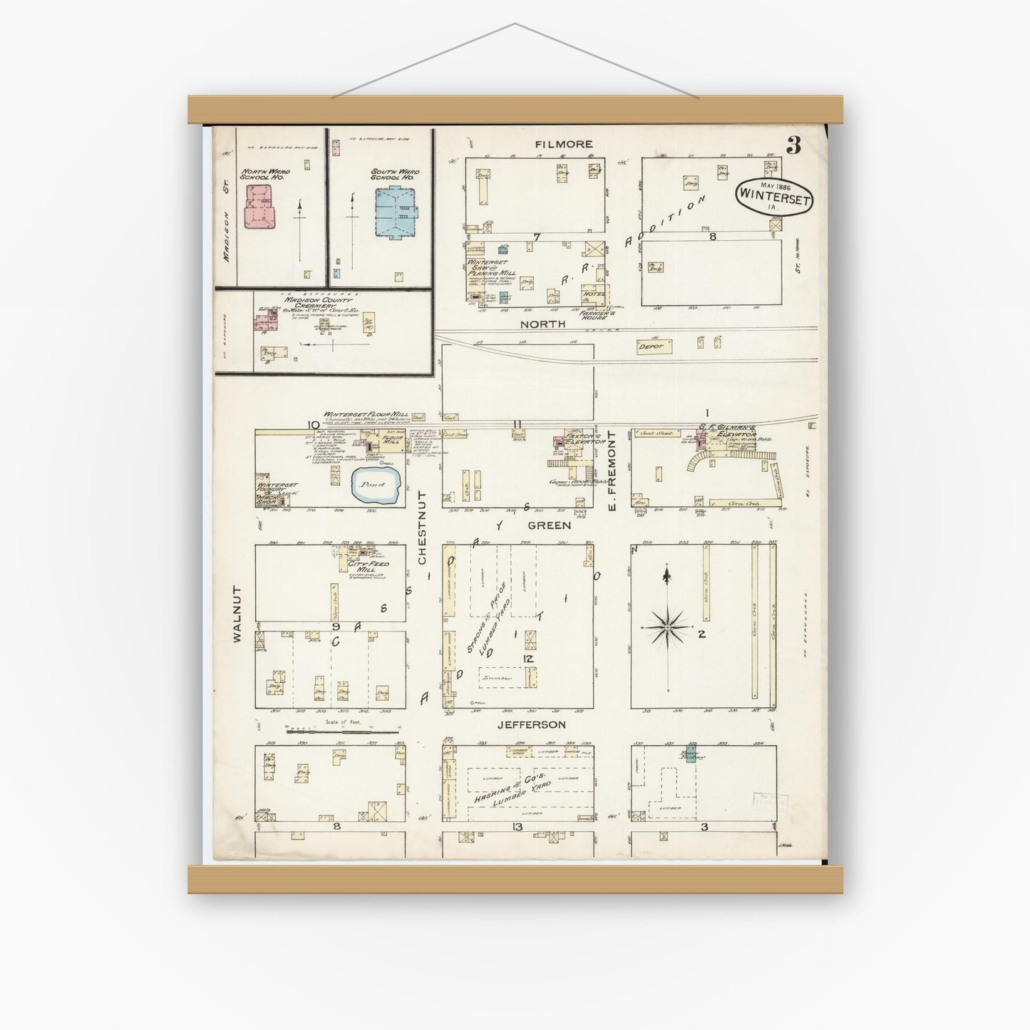 Old map wall art mockup — magnetic wood frame on white wall — Sanborn Fire Insurance Map from Winterset, Madison County, Iowa (1886), Sheet #0003