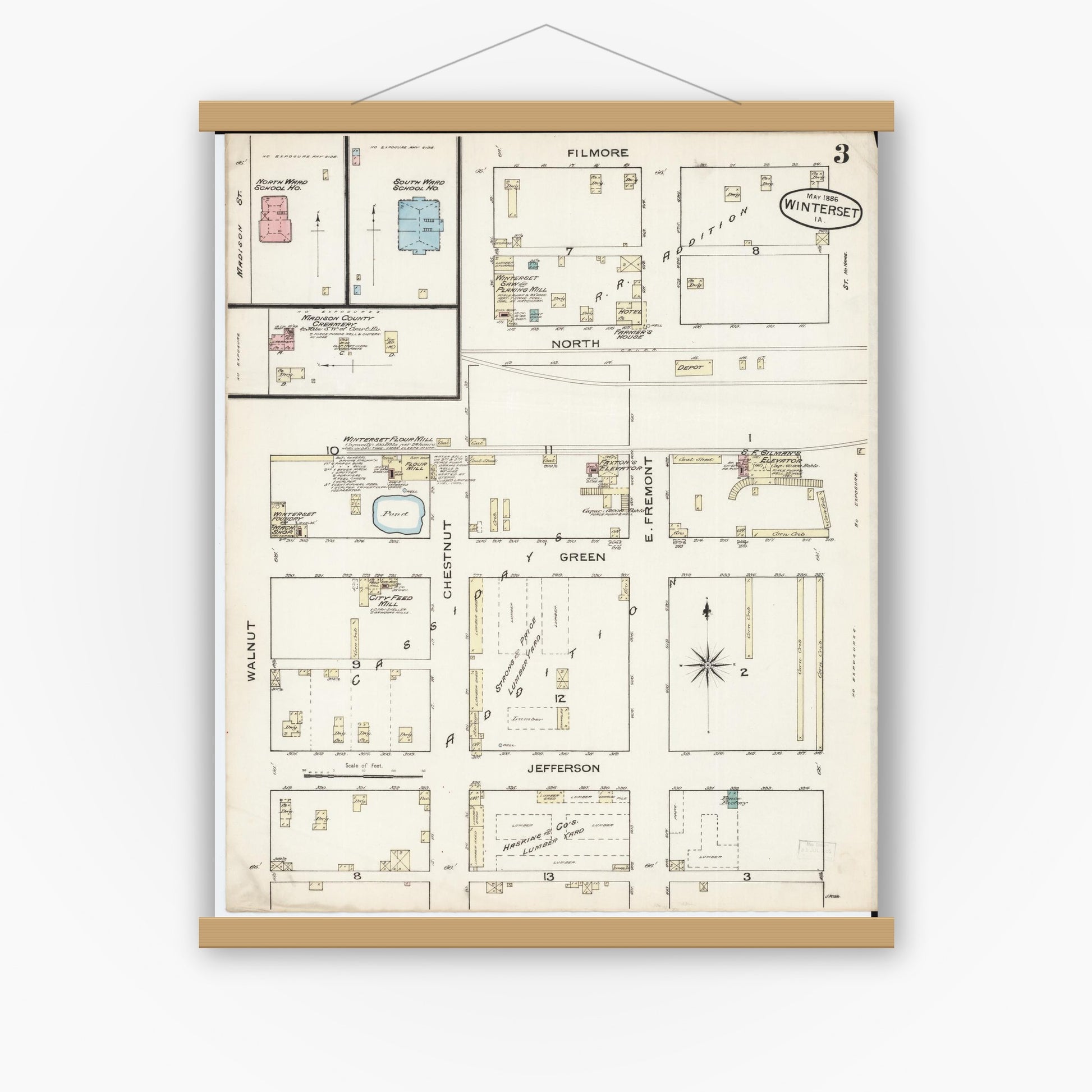 Old map wall art mockup — magnetic wood frame on white wall — Sanborn Fire Insurance Map from Winterset, Madison County, Iowa (1886), Sheet #0003