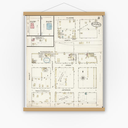 Old map wall art mockup — magnetic wood frame on white wall — Sanborn Fire Insurance Map from Winterset, Madison County, Iowa (1886), Sheet #0003