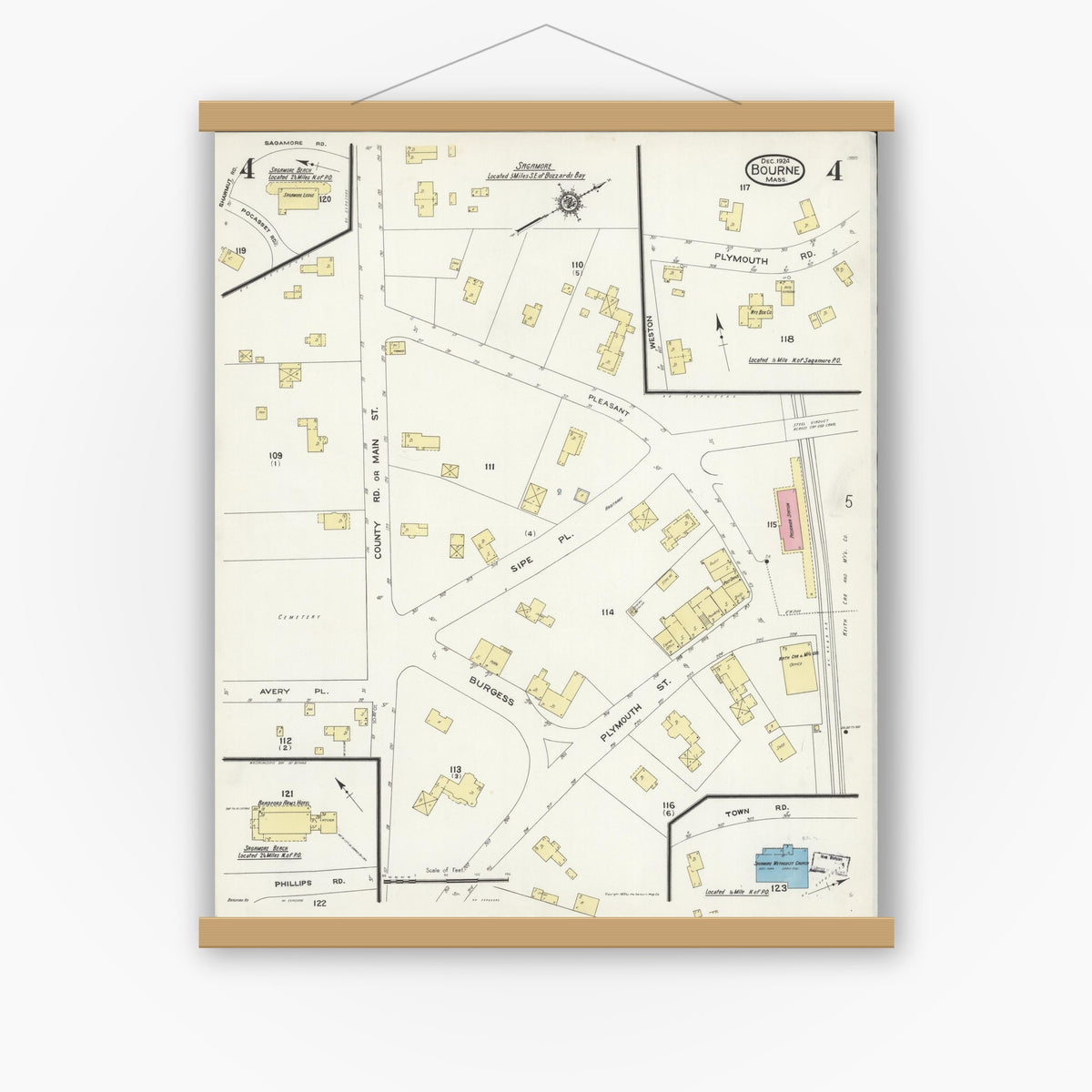Old map wall art mockup — magnetic wood frame on white wall — Sanborn Fire Insurance Map from Bourne, Barnstable County, Massachusetts (1924), Sheet #0004