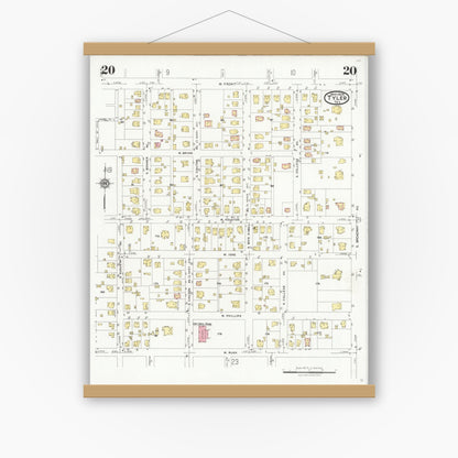 Old map wall art mockup — magnetic wood frame on white wall — Sanborn Fire Insurance Map from Tyler, Smith County, Texas (1928), Sheet #0020