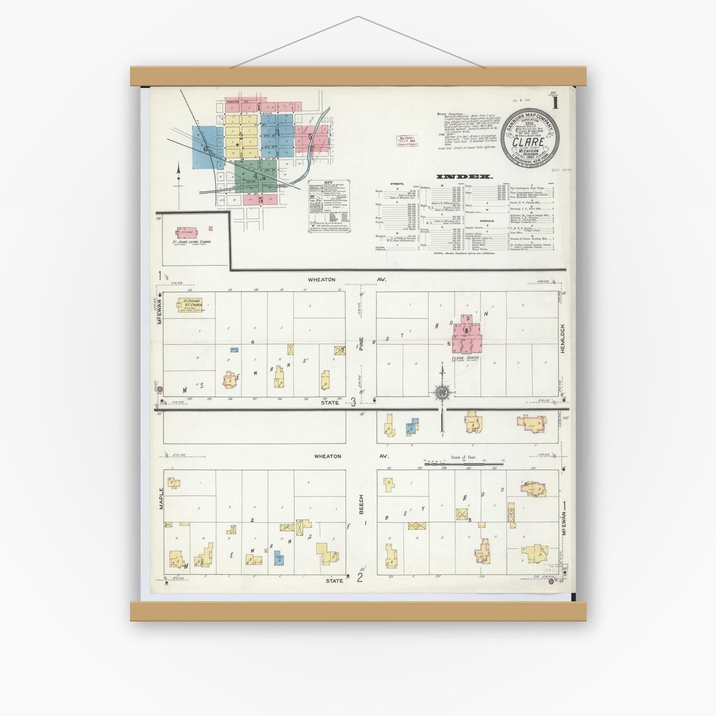 Old map wall art mockup — magnetic wood frame on white wall — Sanborn Fire Insurance Map from Clare, Clare County, Michigan (1910) - Complete Map Set