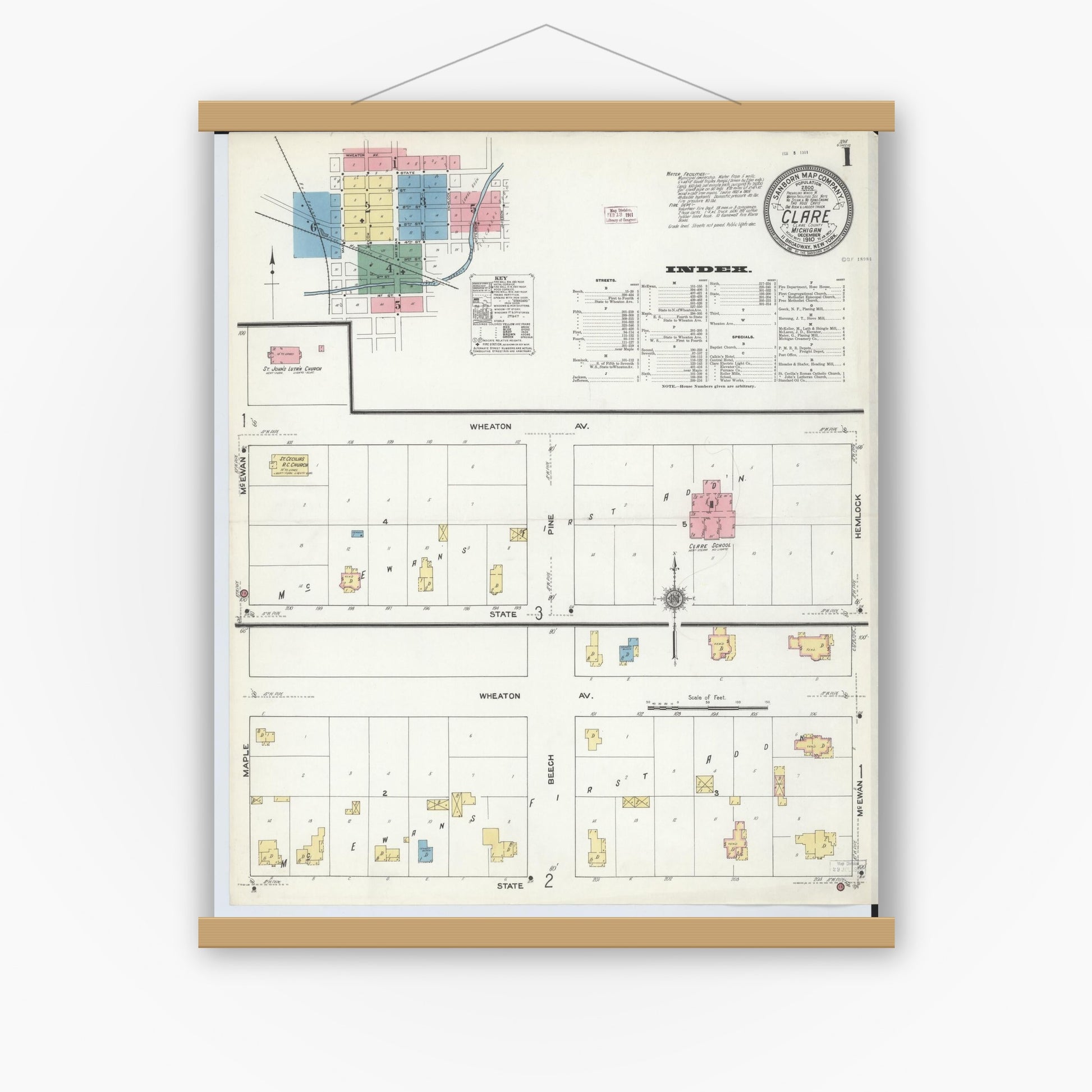 Old map wall art mockup — magnetic wood frame on white wall — Sanborn Fire Insurance Map from Clare, Clare County, Michigan (1910) - Complete Map Set