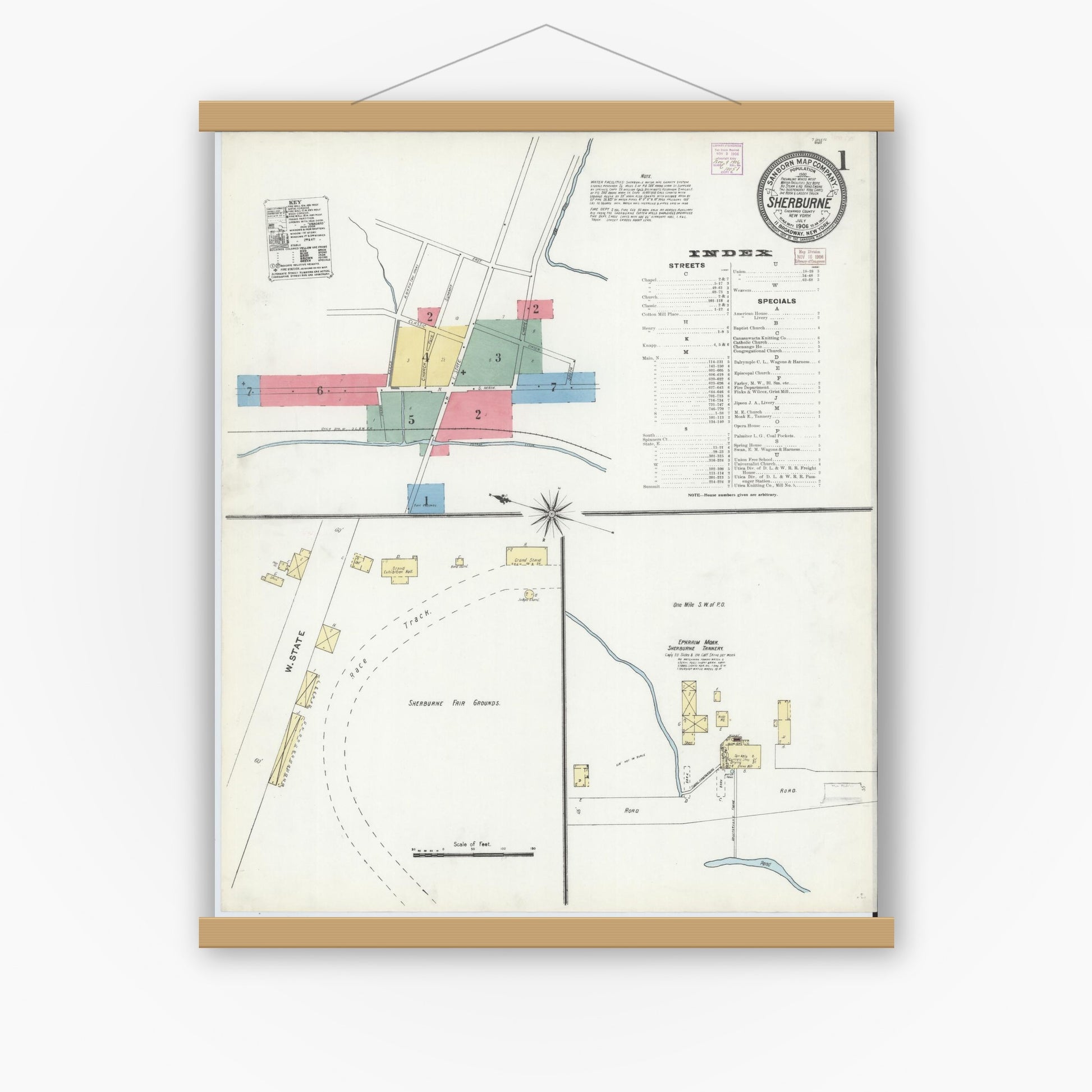 Old map wall art mockup — magnetic wood frame on white wall — Sanborn Fire Insurance Map from Sherburne, Chenango County, New York (1906), Sheet #0001