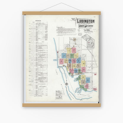 Old map wall art mockup — magnetic wood frame on white wall — Sanborn Fire Insurance Map from Ludington, Mason County, Michigan (1916) - Complete Map Set