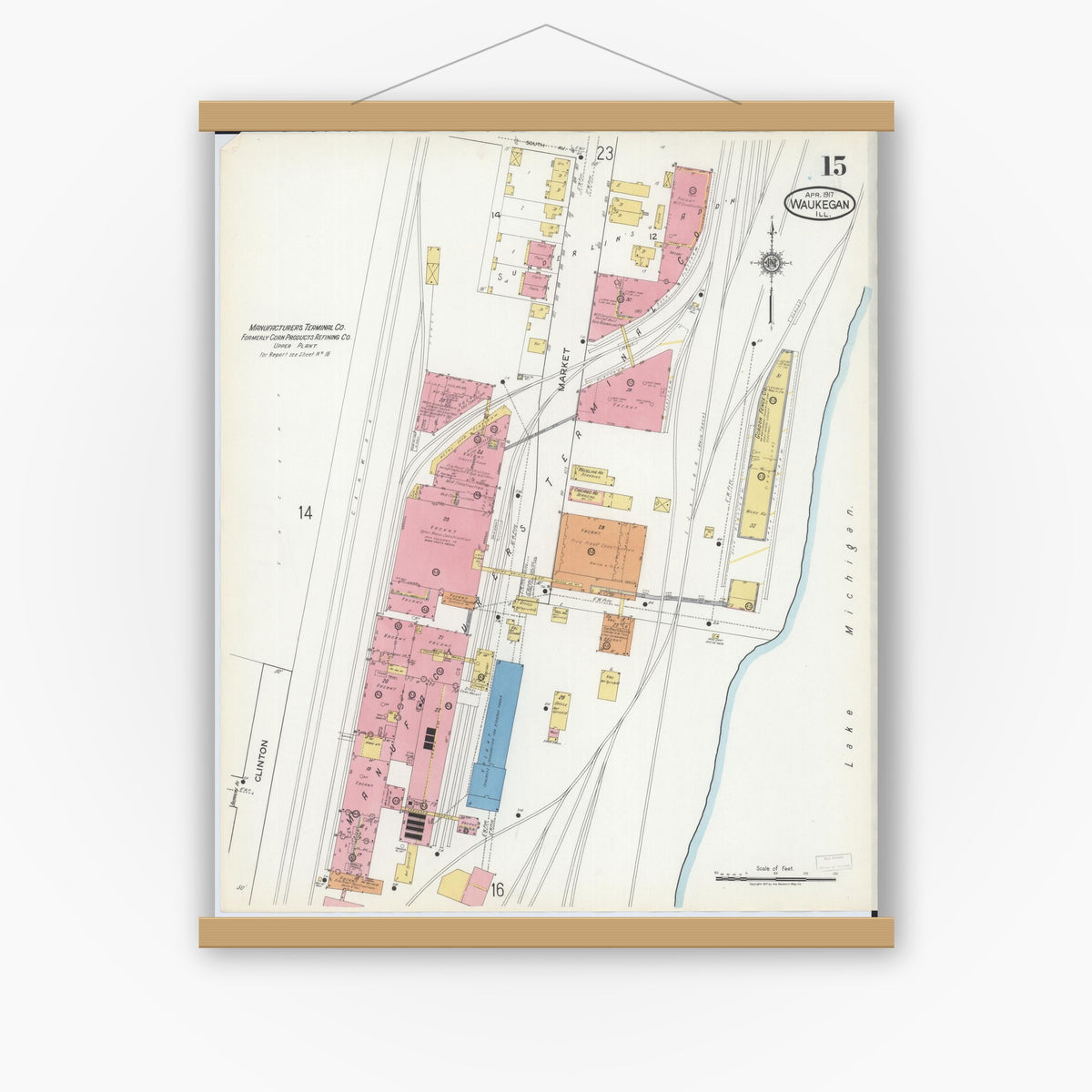 Old map wall art mockup — magnetic wood frame on white wall — Sanborn Fire Insurance Map from Waukegan, Lake County, Illinois (1917), Sheet #0015