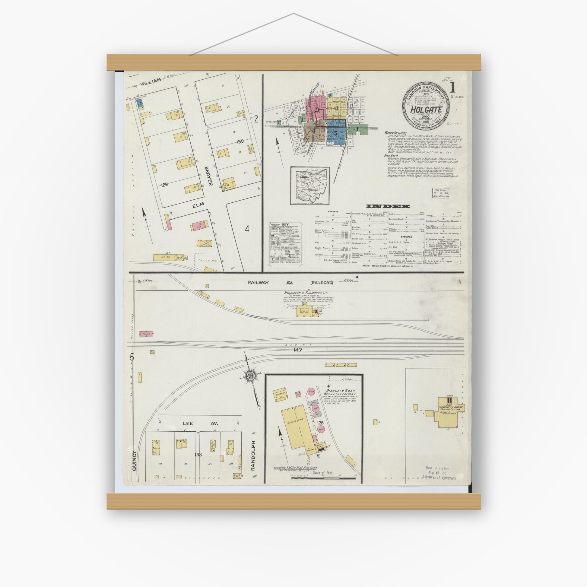 Old map wall art mockup — magnetic wood frame on white wall — Sanborn Fire Insurance Map from Holgate, Henry County, Ohio (1916), Sheet #0001