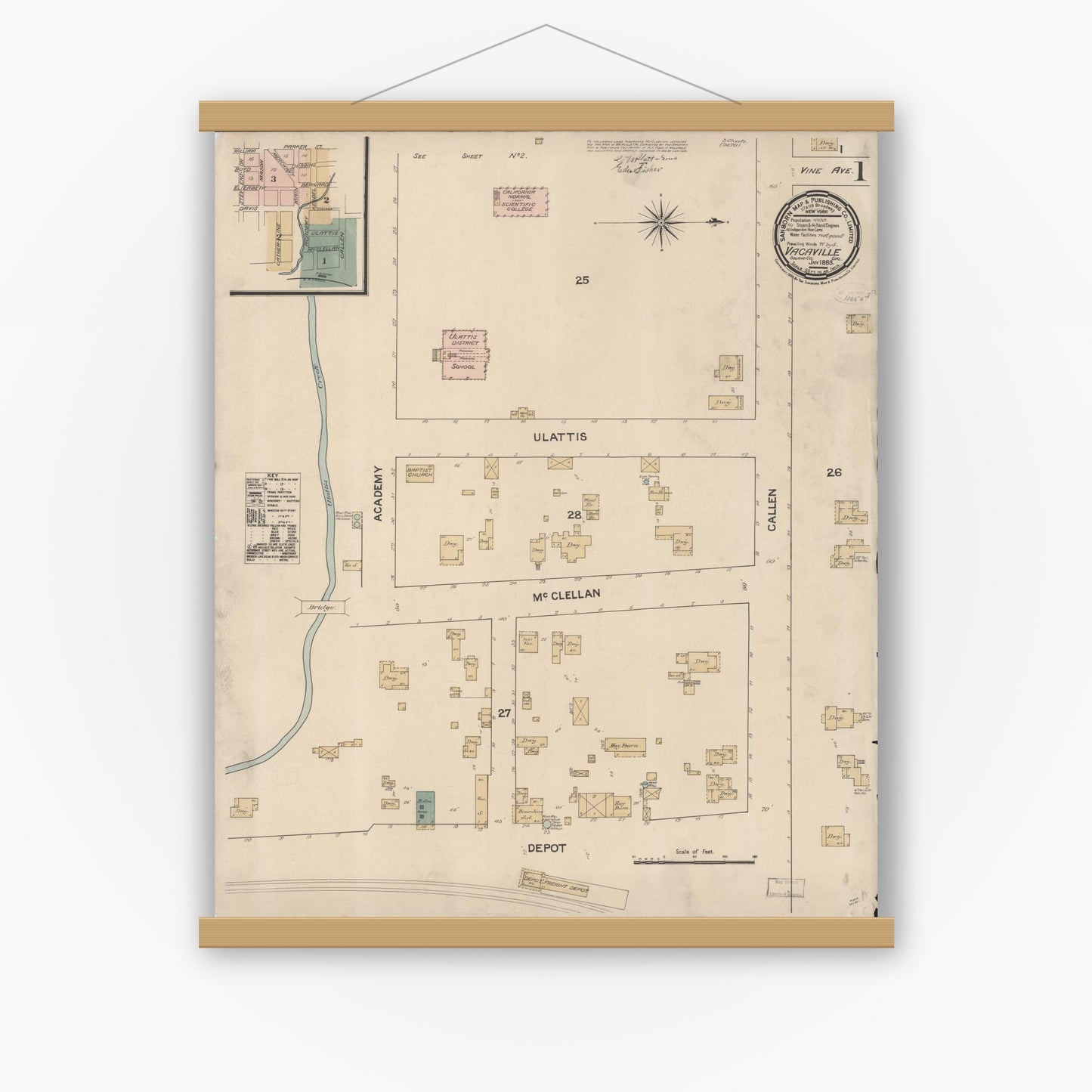 Old map wall art mockup — magnetic wood frame on white wall — Sanborn Fire Insurance Map from Vacaville, Solano County, California (1886) - Complete Map Set