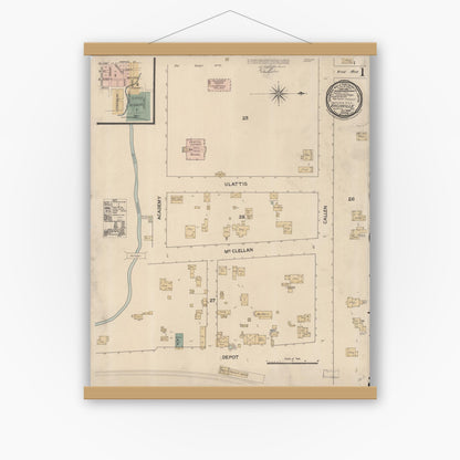 Old map wall art mockup — magnetic wood frame on white wall — Sanborn Fire Insurance Map from Vacaville, Solano County, California (1886) - Complete Map Set