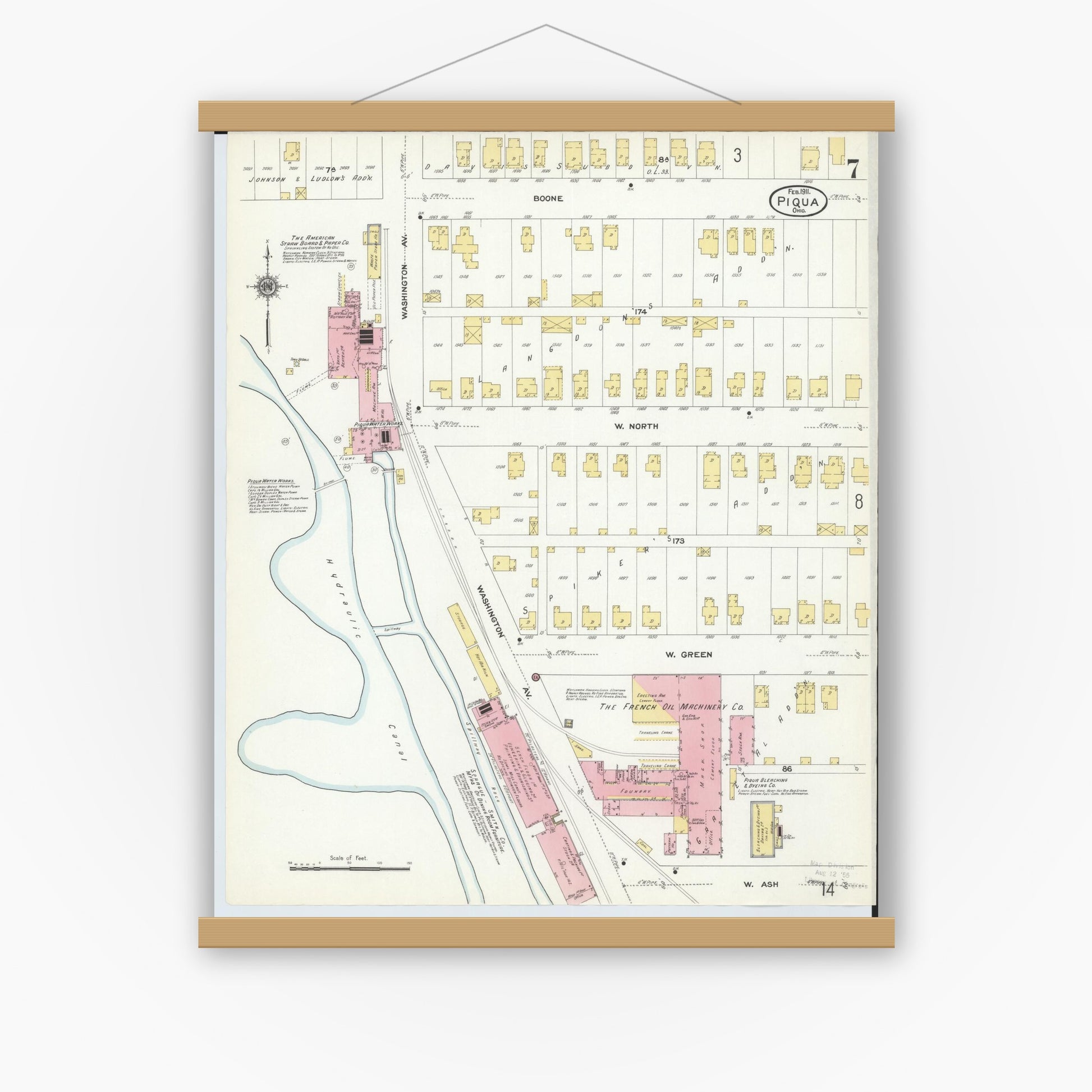 Old map wall art mockup — magnetic wood frame on white wall — Sanborn Fire Insurance Map from Piqua, Miami County, Ohio (1911), Sheet #0007