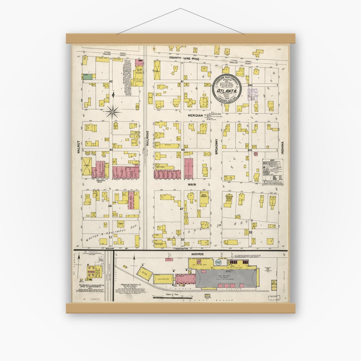 Old map wall art mockup — magnetic wood frame on white wall — Sanborn Fire Insurance Map from Atlanta, Hamilton And Tipton Counties, Indiana (1902), Sheet #0001