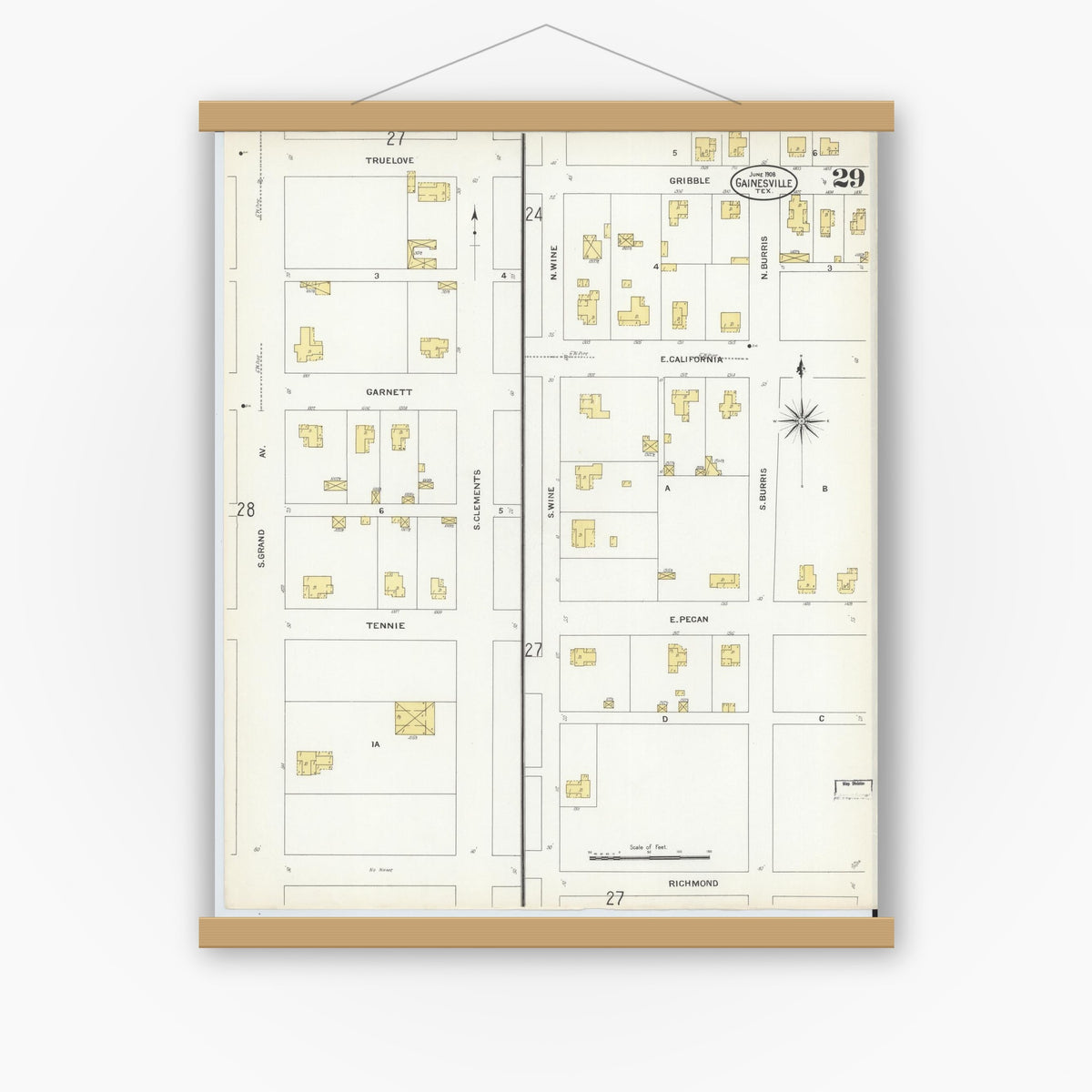 Old map wall art mockup — magnetic wood frame on white wall — Sanborn Fire Insurance Map from Gainesville, Cooke County, Texas (1908), Sheet #0029