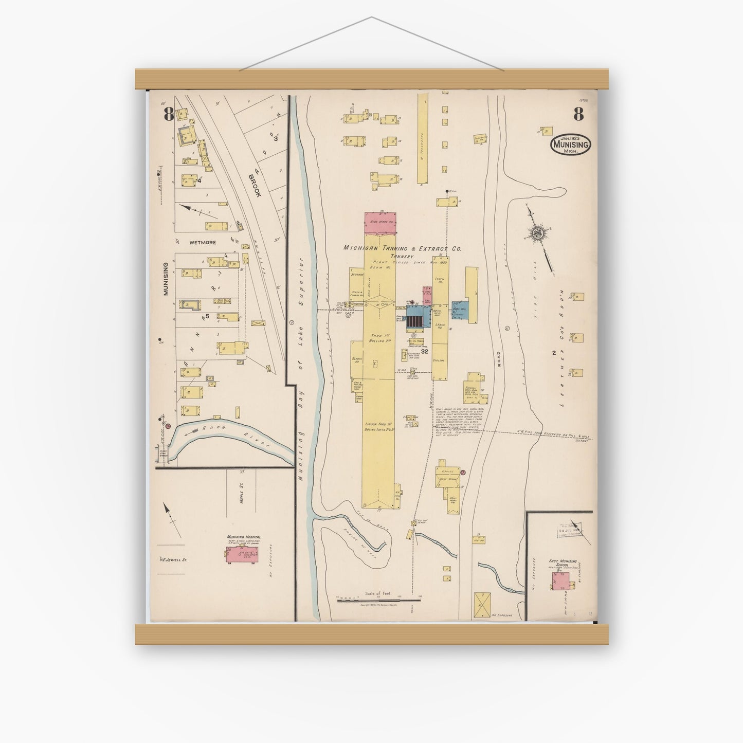 Old map wall art mockup — magnetic wood frame on white wall — Sanborn Fire Insurance Map from Munising, Alger County, Michigan (1923), Sheet #0008