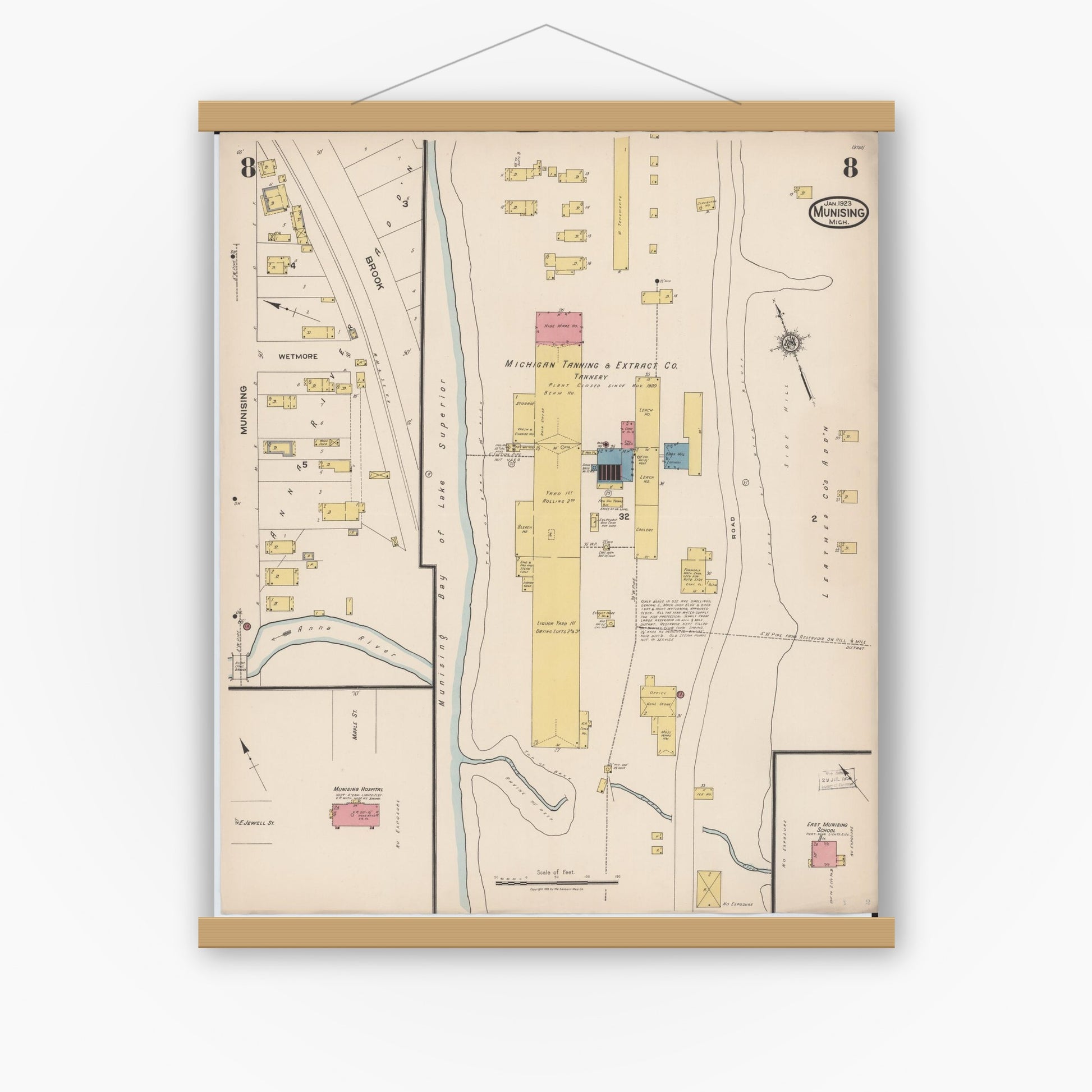 Old map wall art mockup — magnetic wood frame on white wall — Sanborn Fire Insurance Map from Munising, Alger County, Michigan (1923), Sheet #0008