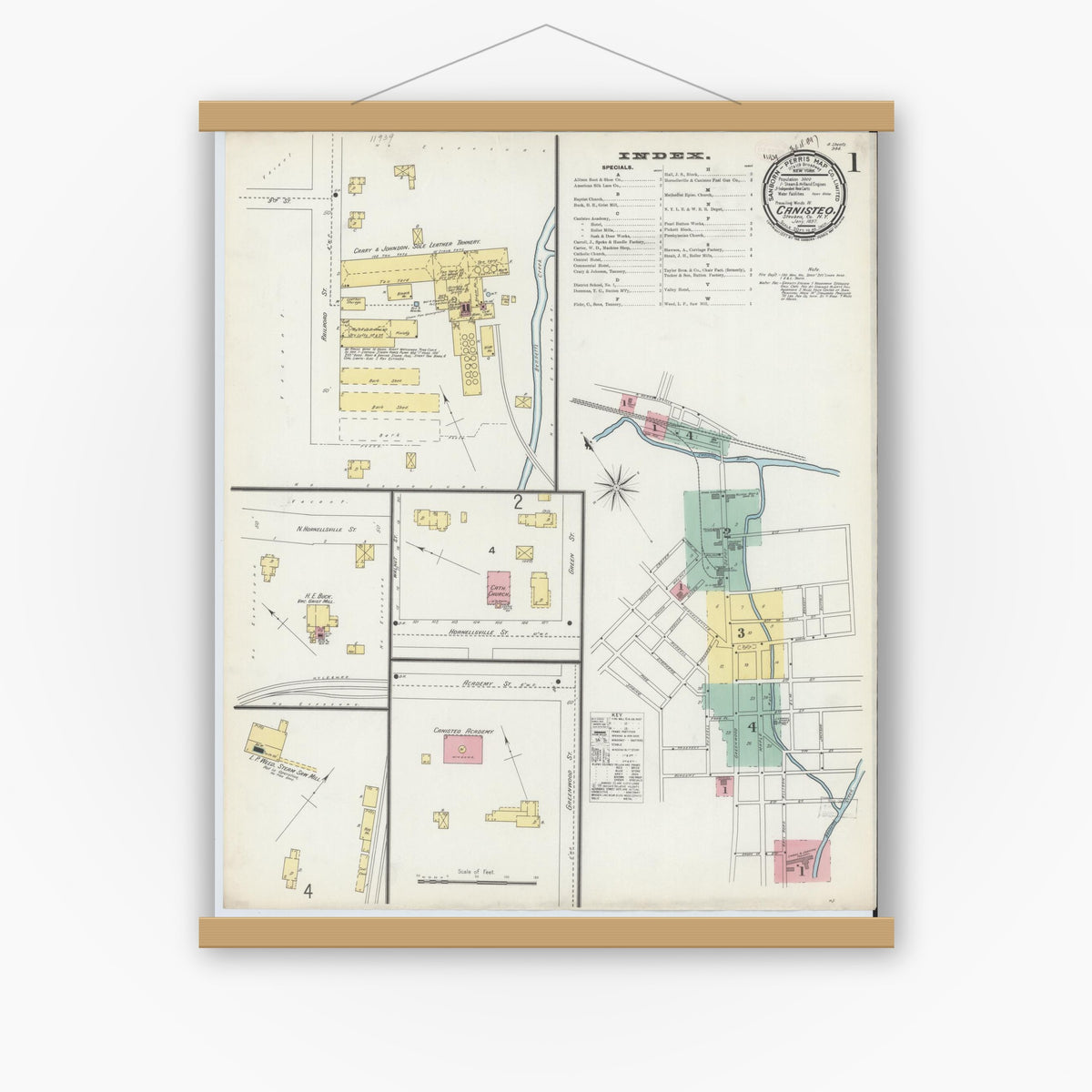 Old map wall art mockup — magnetic wood frame on white wall — Sanborn Fire Insurance Map from Canisteo, Steuben County, New York (1897) - Complete Map Set
