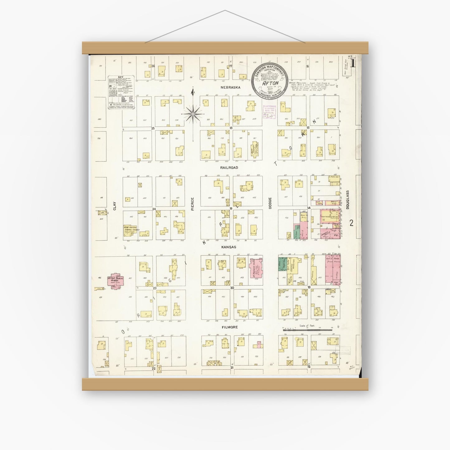 Old map wall art mockup — magnetic wood frame on white wall — Sanborn Fire Insurance Map from Afton, Union County, Iowa (1907) â€” Complete Set