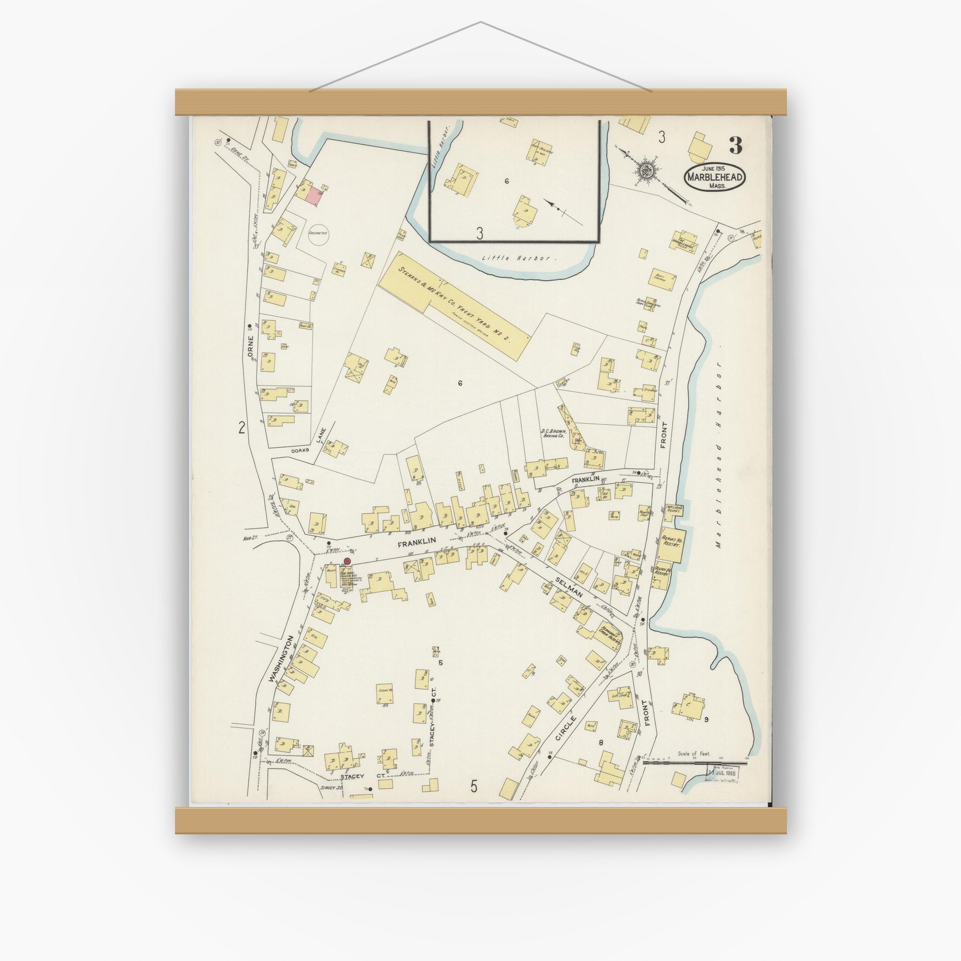 Old map wall art mockup — magnetic wood frame on white wall — Sanborn Fire Insurance Map from Marblehead, Essex County, Massachusetts (1915), Sheet #0003