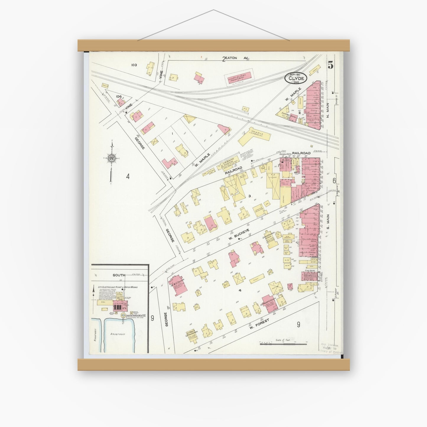 Old map wall art mockup — magnetic wood frame on white wall — Sanborn Fire Insurance Map from Clyde, Sandusky County, Ohio (1911), Sheet #0005