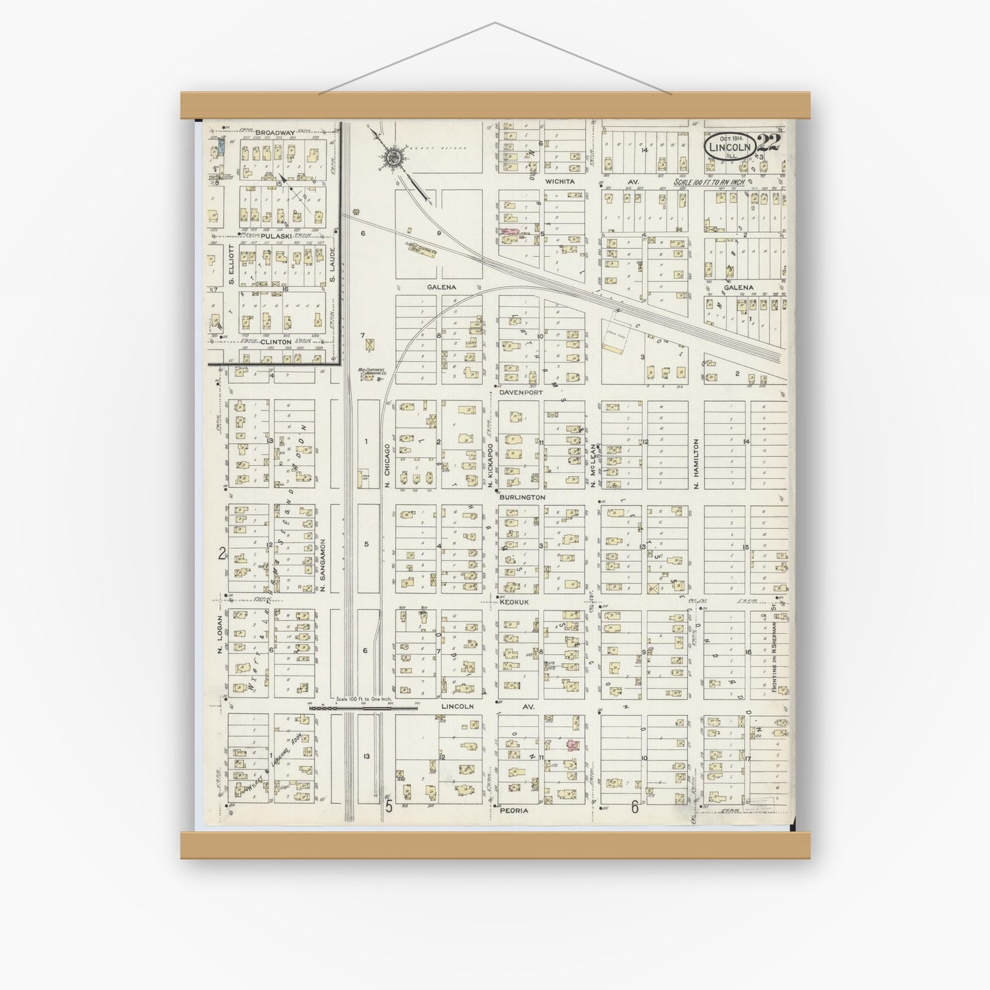 Old map wall art mockup — magnetic wood frame on white wall — Sanborn Fire Insurance Map from Lincoln, Logan County, Illinois (1914), Sheet #0022