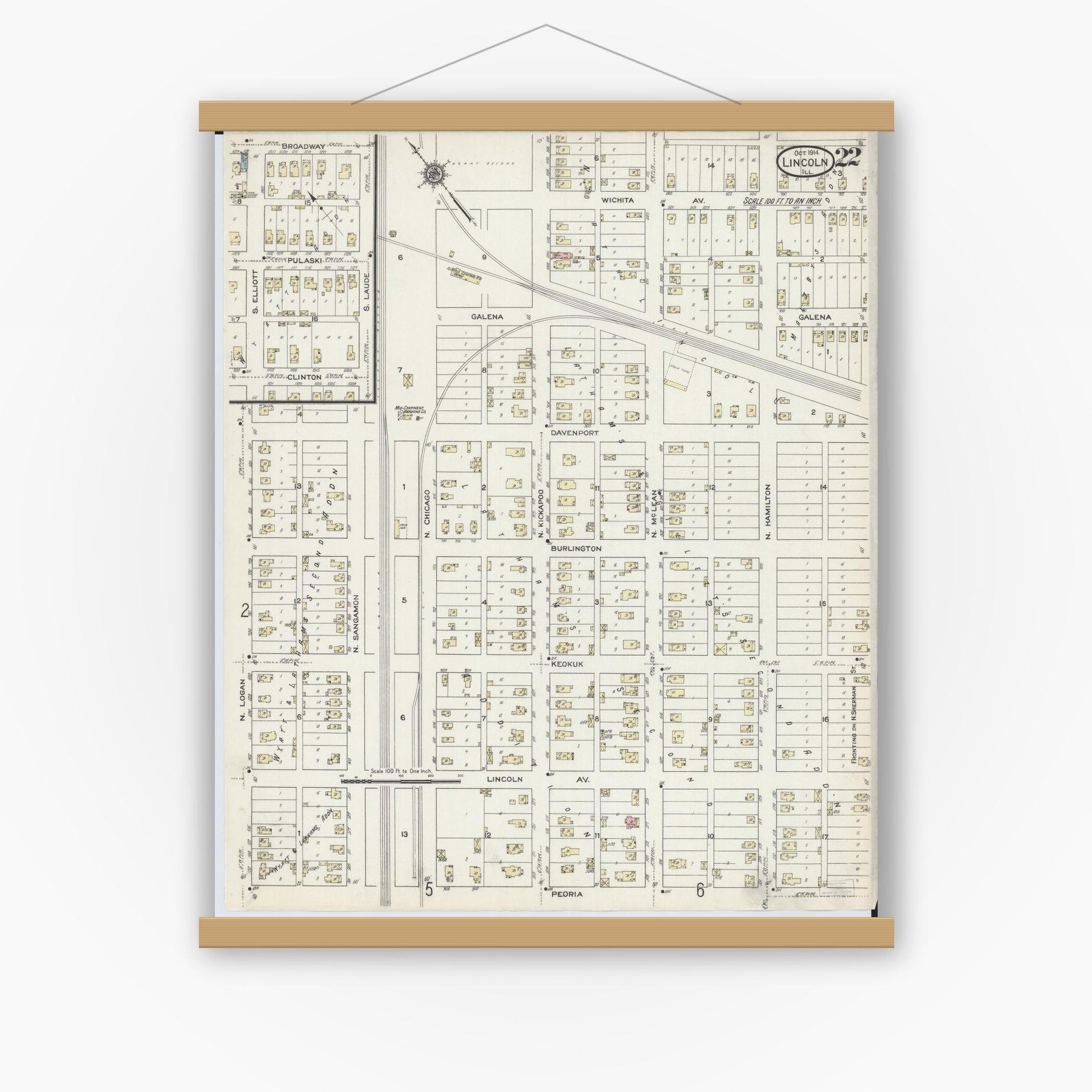 Old map wall art mockup — magnetic wood frame on white wall — Sanborn Fire Insurance Map from Lincoln, Logan County, Illinois (1914), Sheet #0022