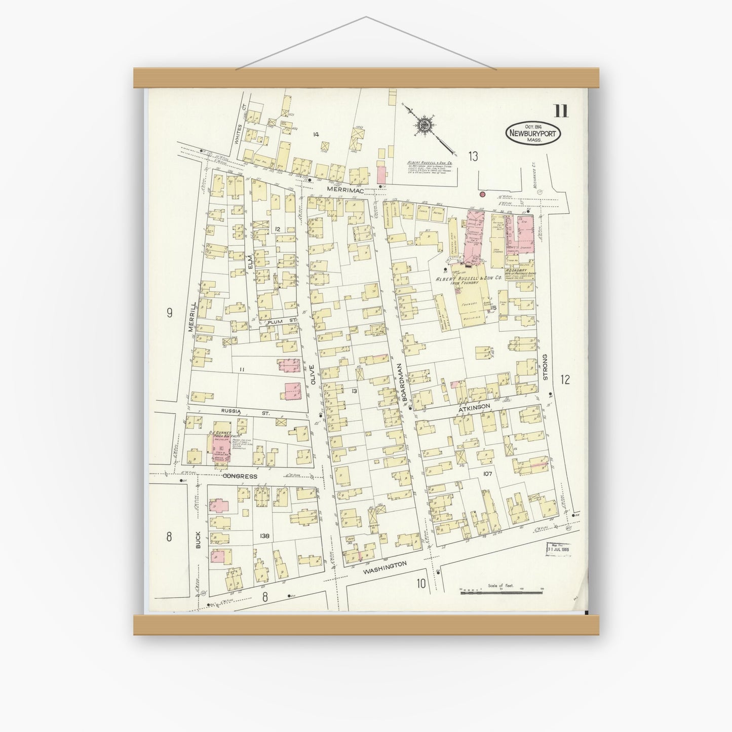 Old map wall art mockup — magnetic wood frame on white wall — Sanborn Fire Insurance Map from Newburyport, Essex County, Massachusetts (1914), Sheet #0011