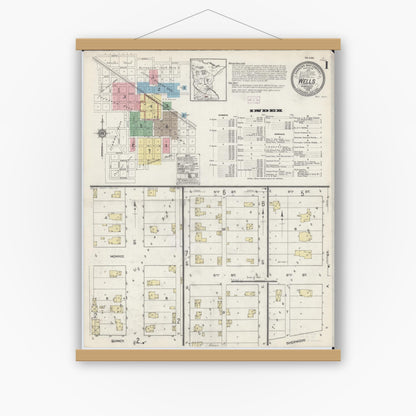 Old map wall art mockup — magnetic wood frame on white wall — Sanborn Fire Insurance Map from Wells, Faribault County, Minnesota (1914), Sheet #0001