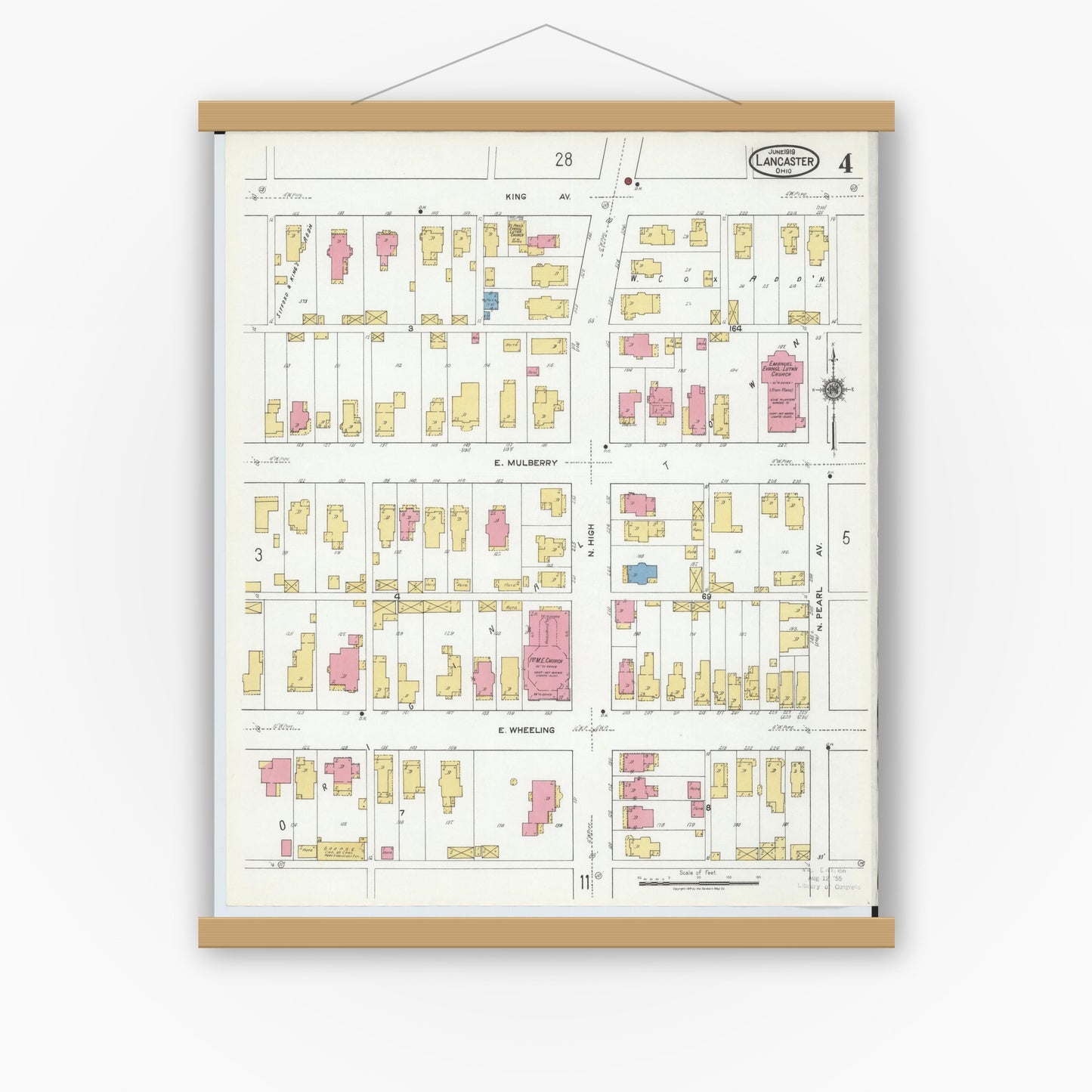 Old map wall art mockup — magnetic wood frame on white wall — Sanborn Fire Insurance Map from Lancaster, Fairfield County, Ohio (1919), Sheet #0004