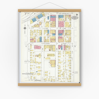 Old map wall art mockup — magnetic wood frame on white wall — Sanborn Fire Insurance Map from Ishpeming, Marquette County, Michigan (1917), Sheet #0009