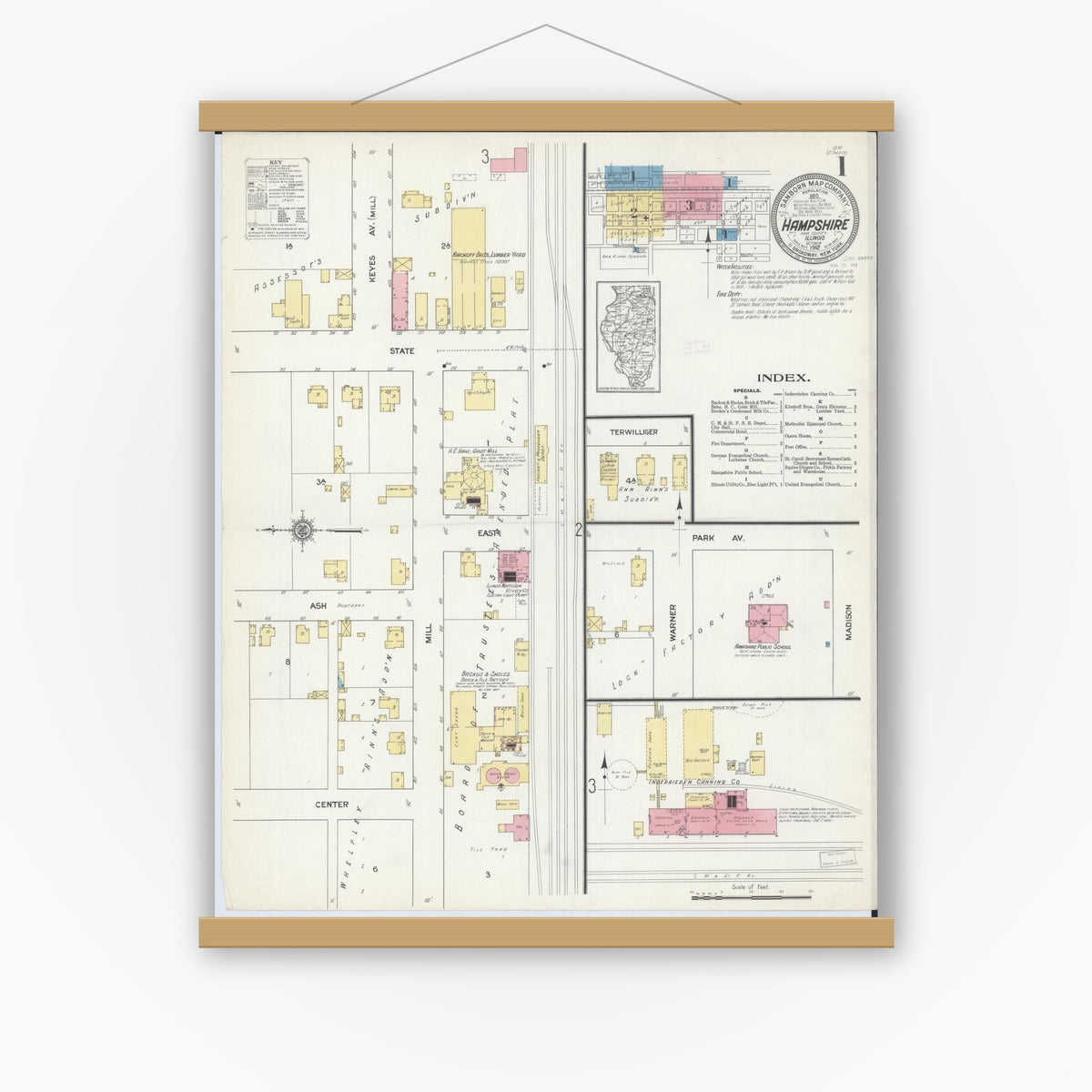 Old map wall art mockup — magnetic wood frame on white wall — Sanborn Fire Insurance Map from Hampshire, Kane County, Illinois (1912) - Complete Map Set